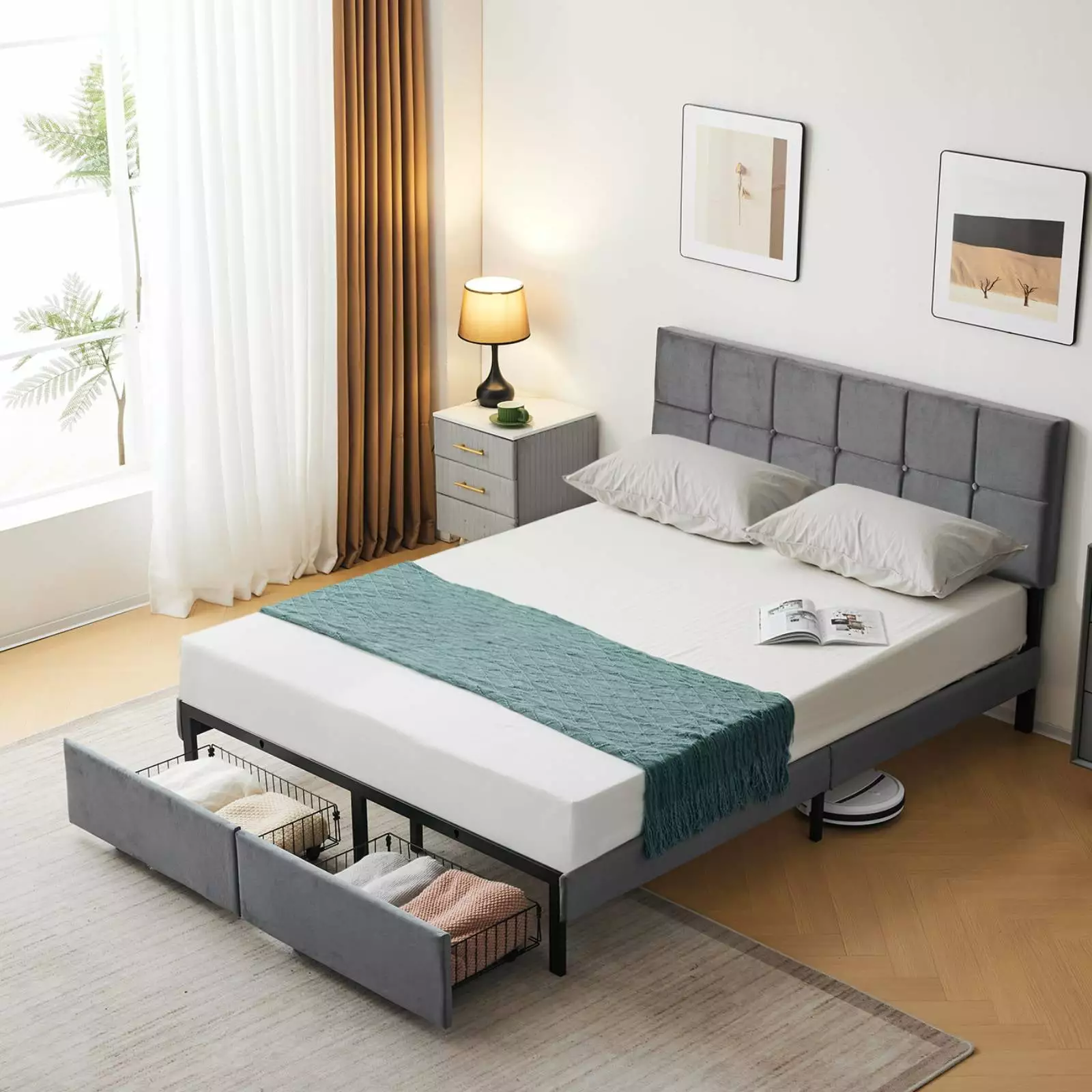 UBesGoo Full Size Platform Bed Frame Headboard and 2 Storage Drawers Button Tufted Style Dark Grey