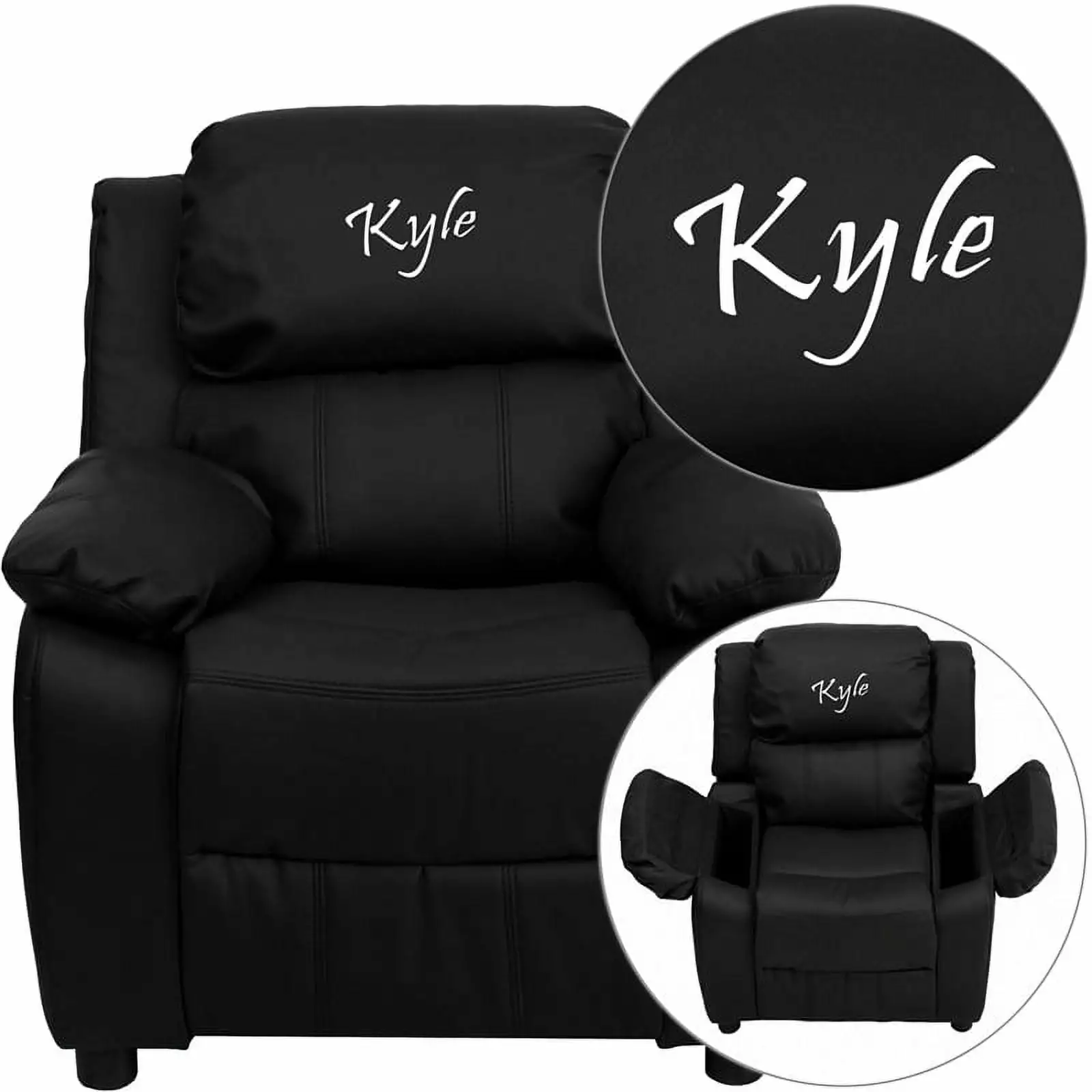 Personalized Deluxe Padded Black LeatherSoft Kids Recliner Storage Arms Flash Furniture