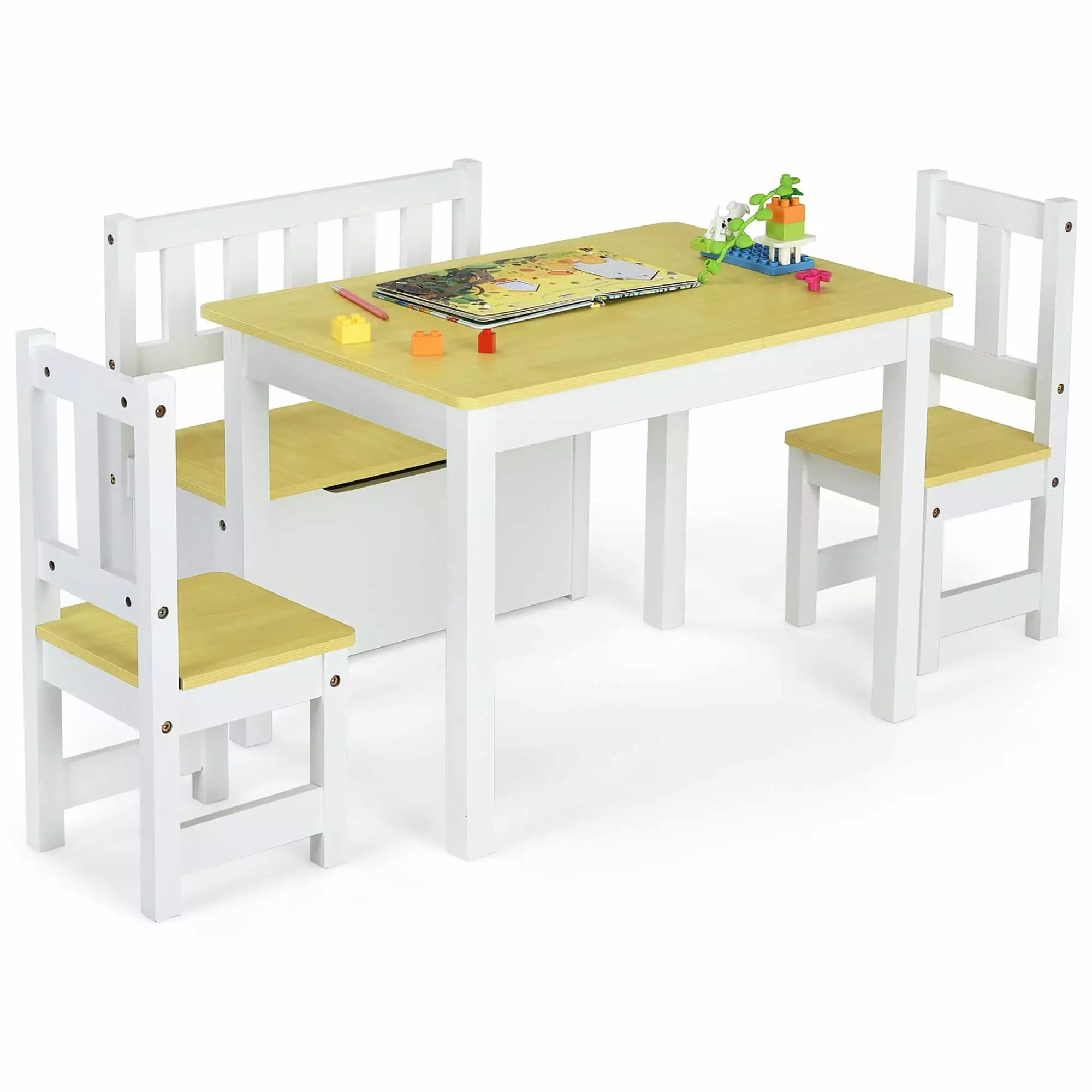 Wooden Kids Table and Chair Set Toy Storage Bench Natural Activity Table Bed Bath & Beyond