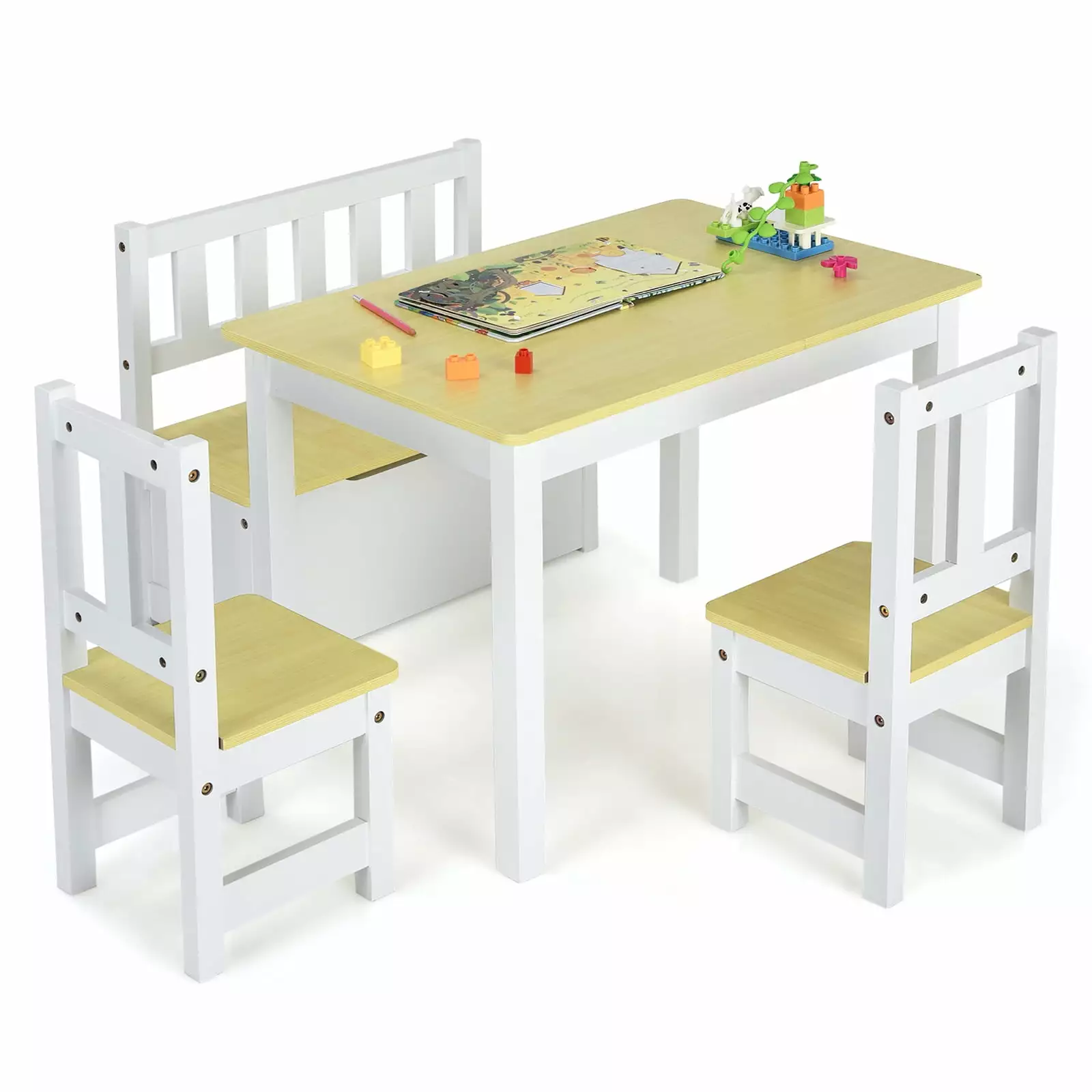 Infans 4 PCS Kids Wooden Activity Table & Chairs Set Storage Bench Study Desk Natural
