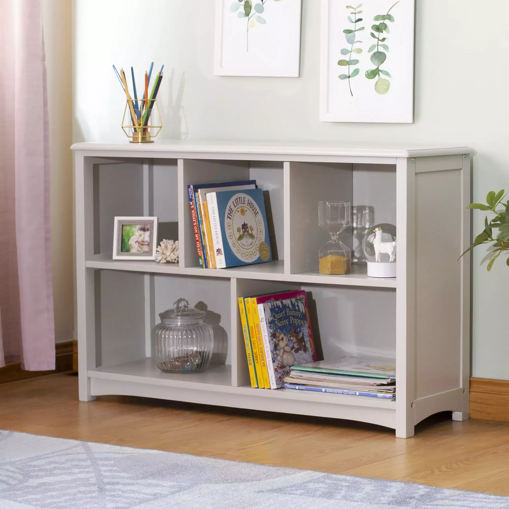 Guidecraft Kids' Timeless Bookshelf Gray Bins, Wood Storage Shelf Toys and Books