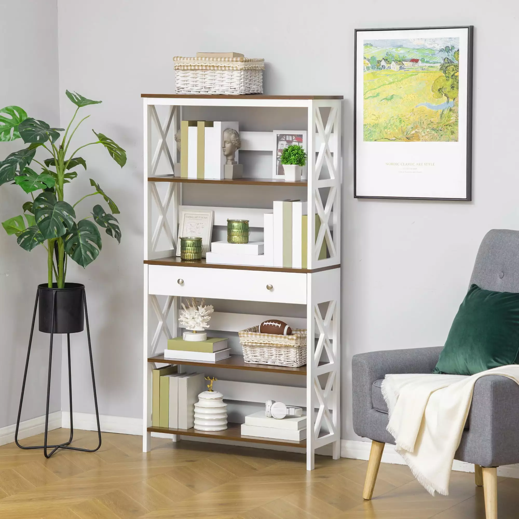 HOMCOM 4-Tier Shelving Bookcase Storage Cupboard Pull Out Drawer Wooden Frame X Bar Stability White