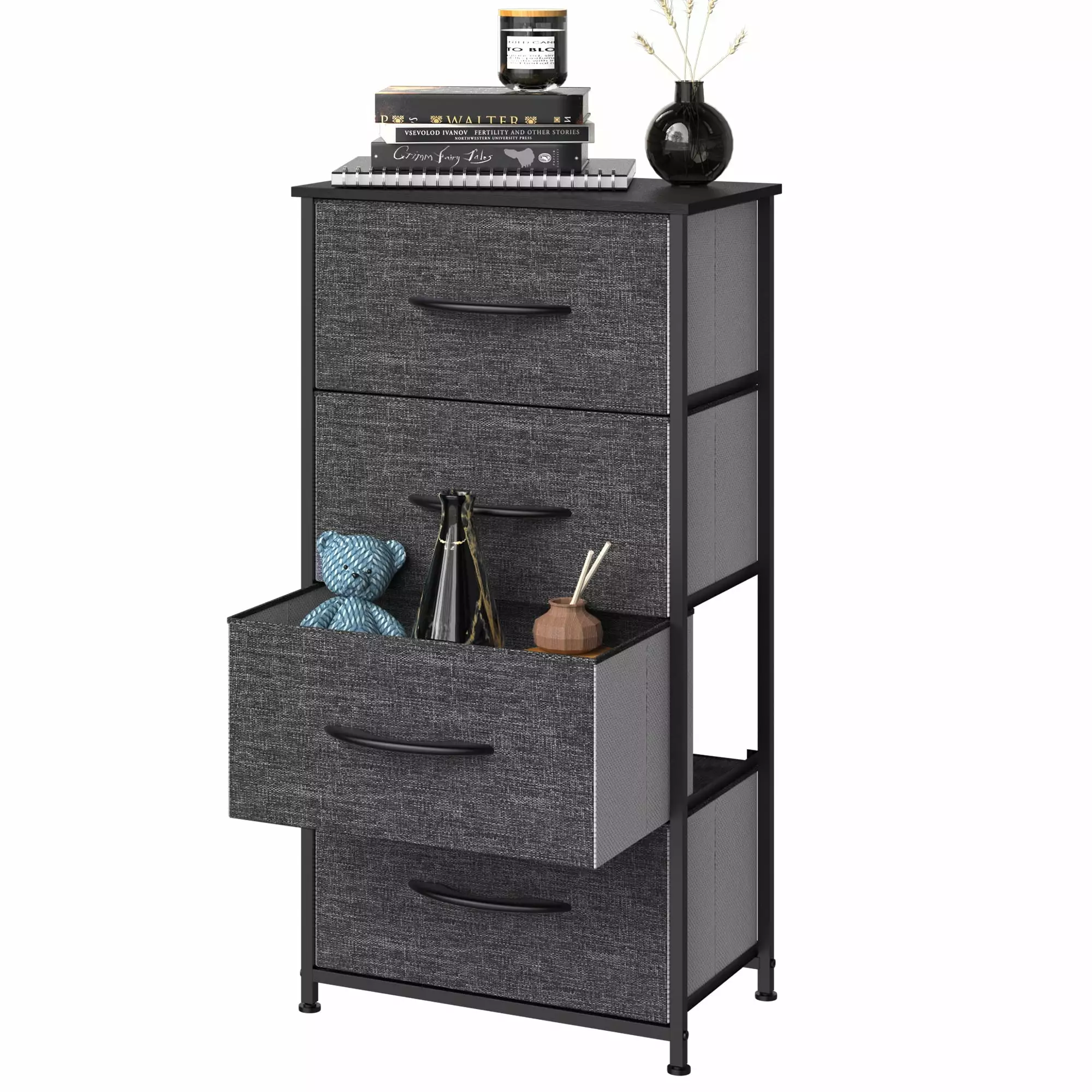 YINTATECH 4 Drawers Dresser Shelf Arranger Black Grey Bedroom Bedside Storage Tower