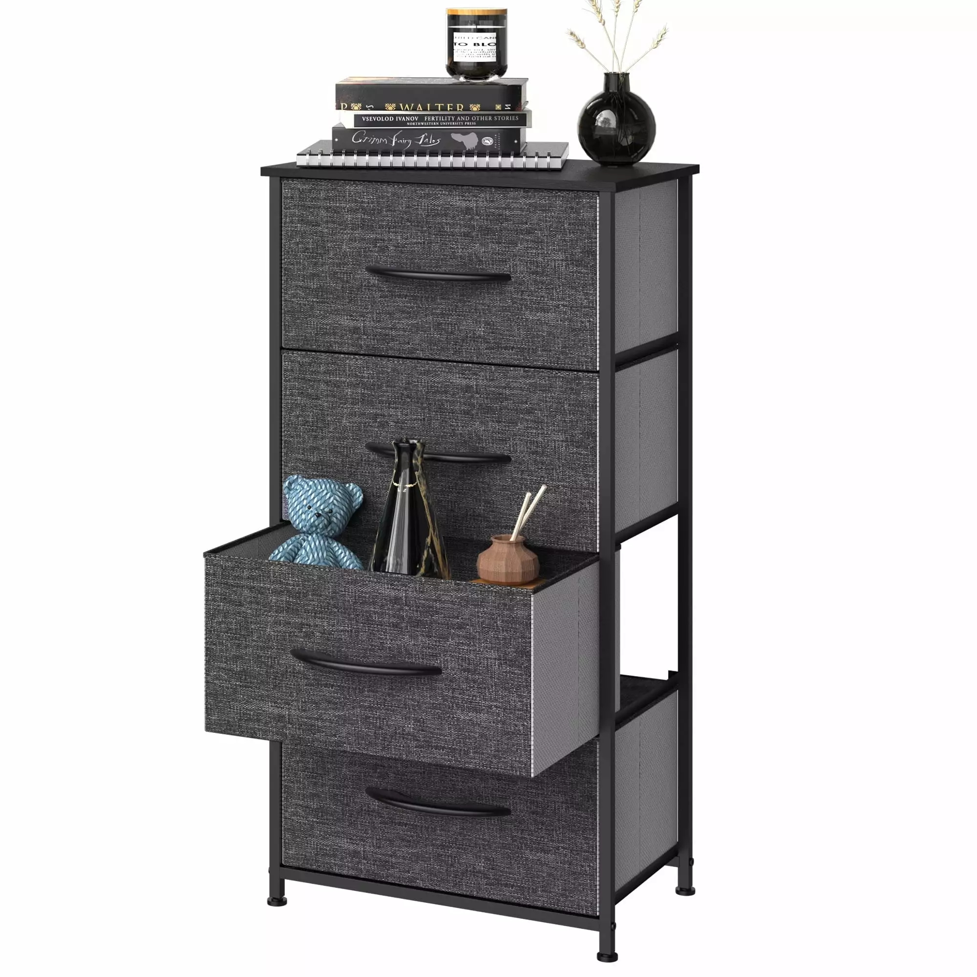Dextrus 4 Drawer Dresser Shelf Arranger Bedside Storage Tower Black Grey YITAHOME