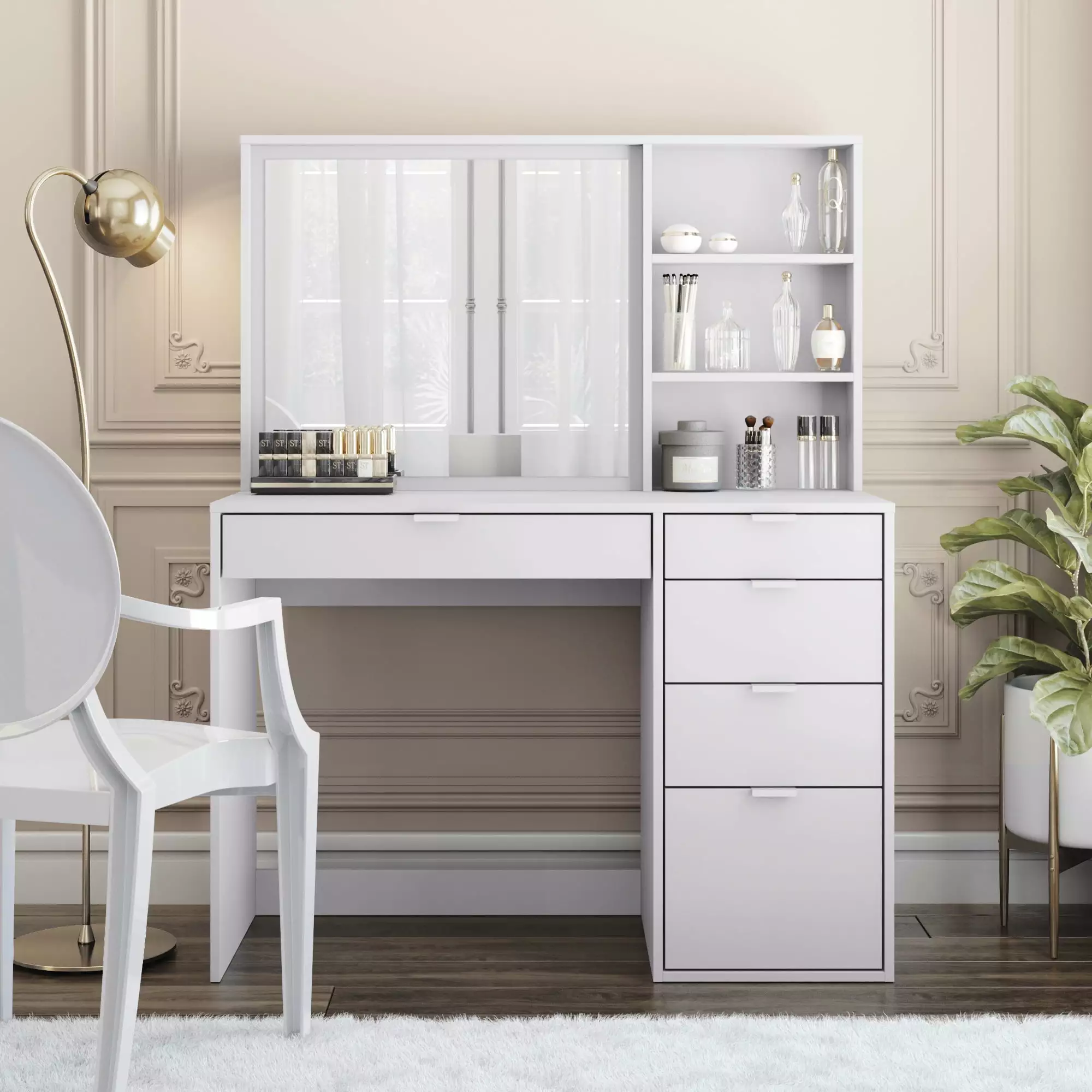 Topaz Vanity table 5 Drawers & Shelves White Finish Bedroom - Elegant Vanity Table Ample Storage K1 International Group