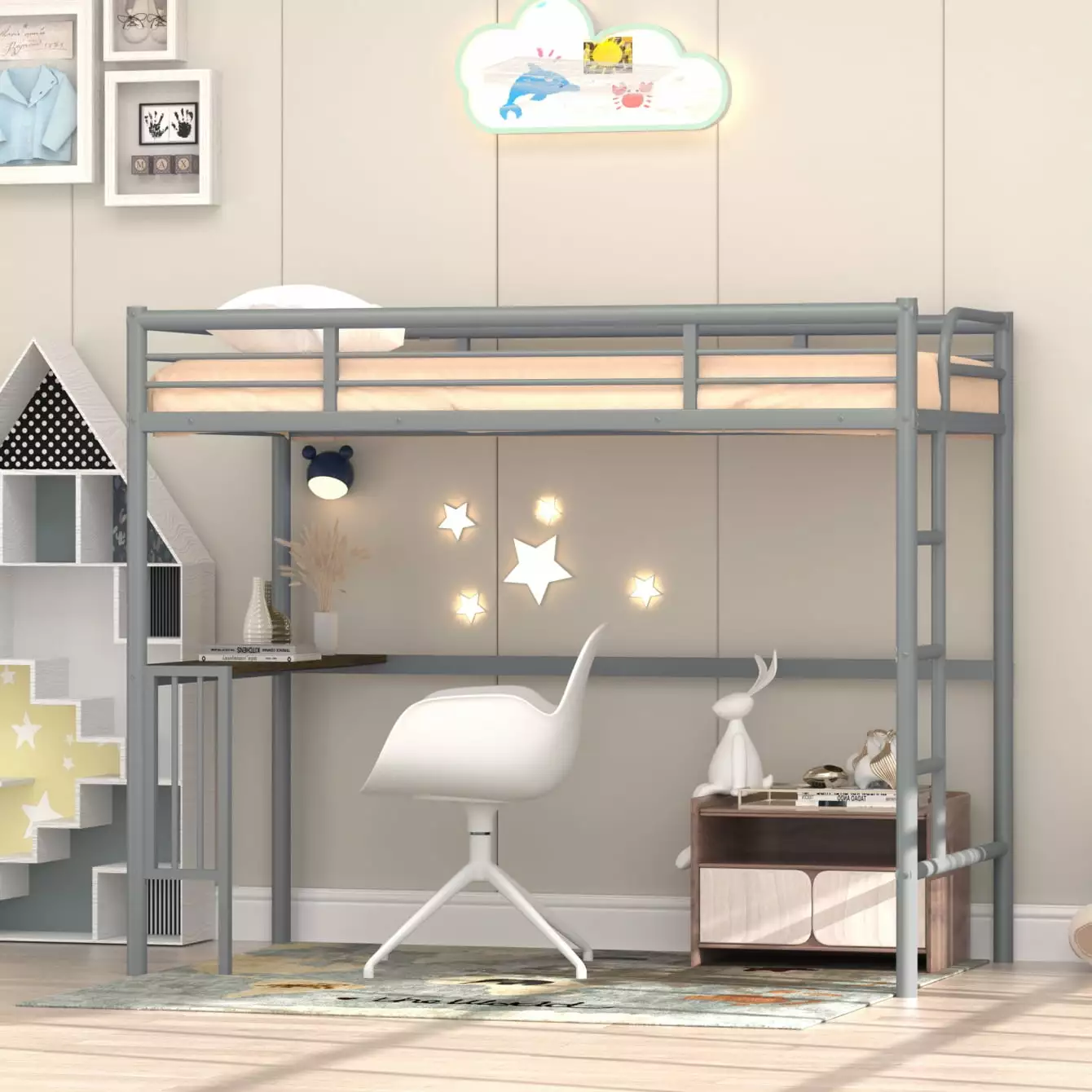 Loft Bed Twin Size Desk Metal Bed Frame Ladder Full-Length Guardrail Kids Teens Adult Triple Tree