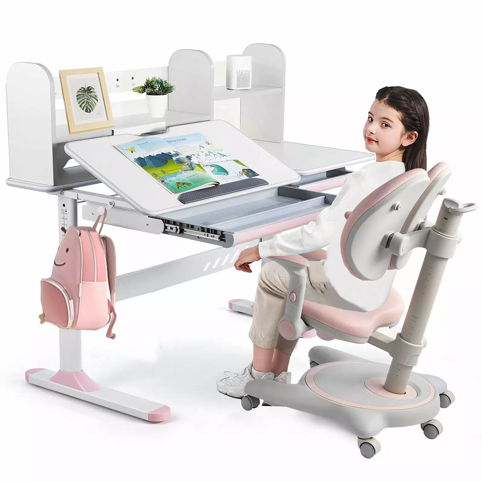 COSVALVE Height Adjustable Kids Study Desk and Chair Set Tilt Desktop Ergonomic Armrest Chair Bookstand Drawer Home School...