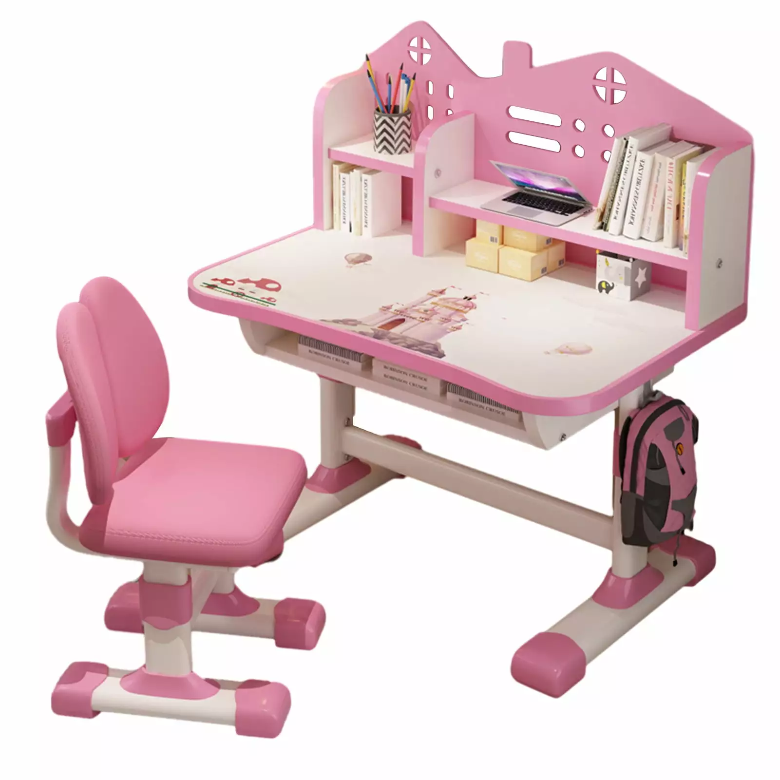 KMSS Kids Adjustable Study Desk & Chair Set Drawer Bookshelf Child Toddler Writing Homework Table Pink Child's Desk