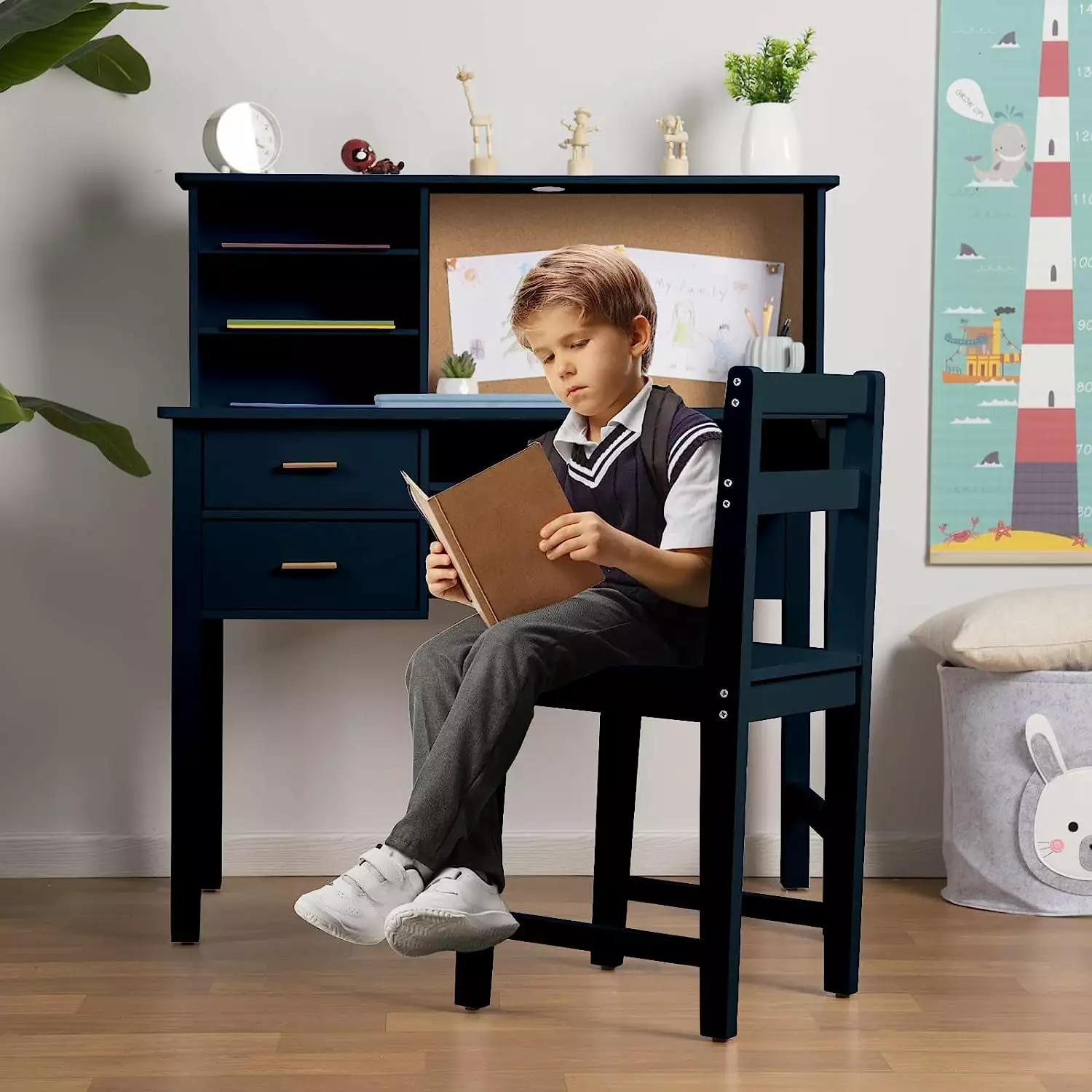 Linor Kids Desk and Chair Set Wooden Study Table Hutch Drawer Bulletin Board Children Student Study Desks