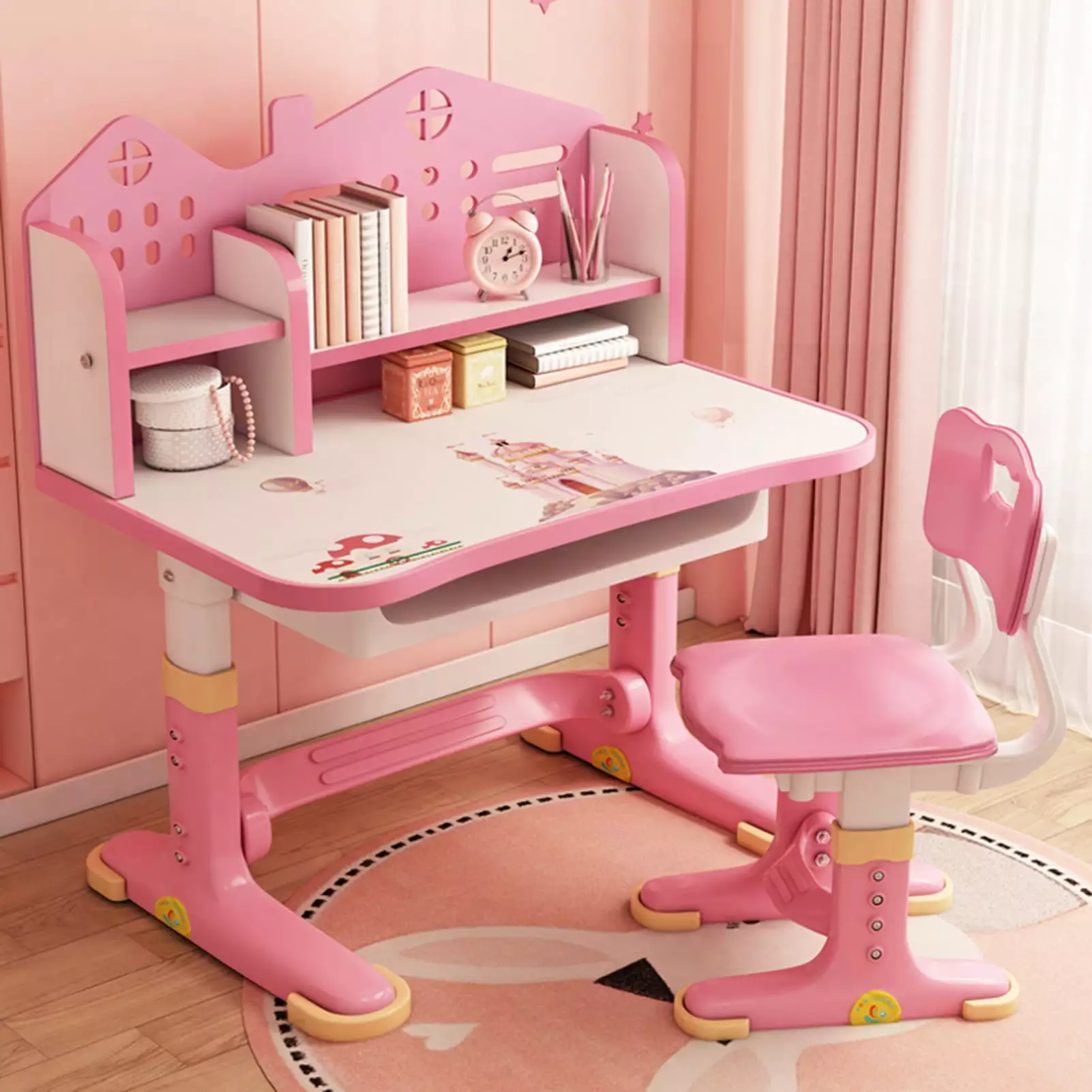 Splendid Practical Kids Desk Chair Set Adjustable Height, Castle Backboard, and Storage Drawer