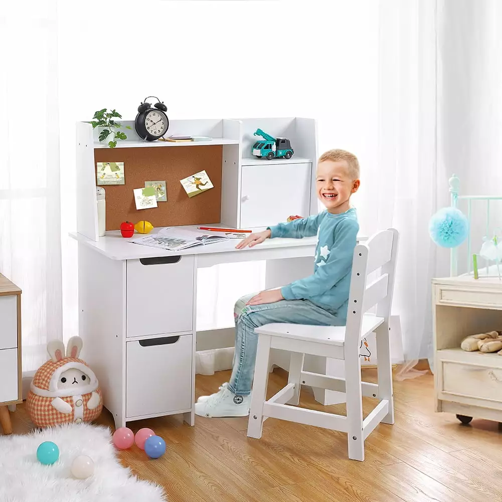 White Study Desk and Chair Set Storage Kids Learning Table Boys and Girls Ages 3-8 strundghti