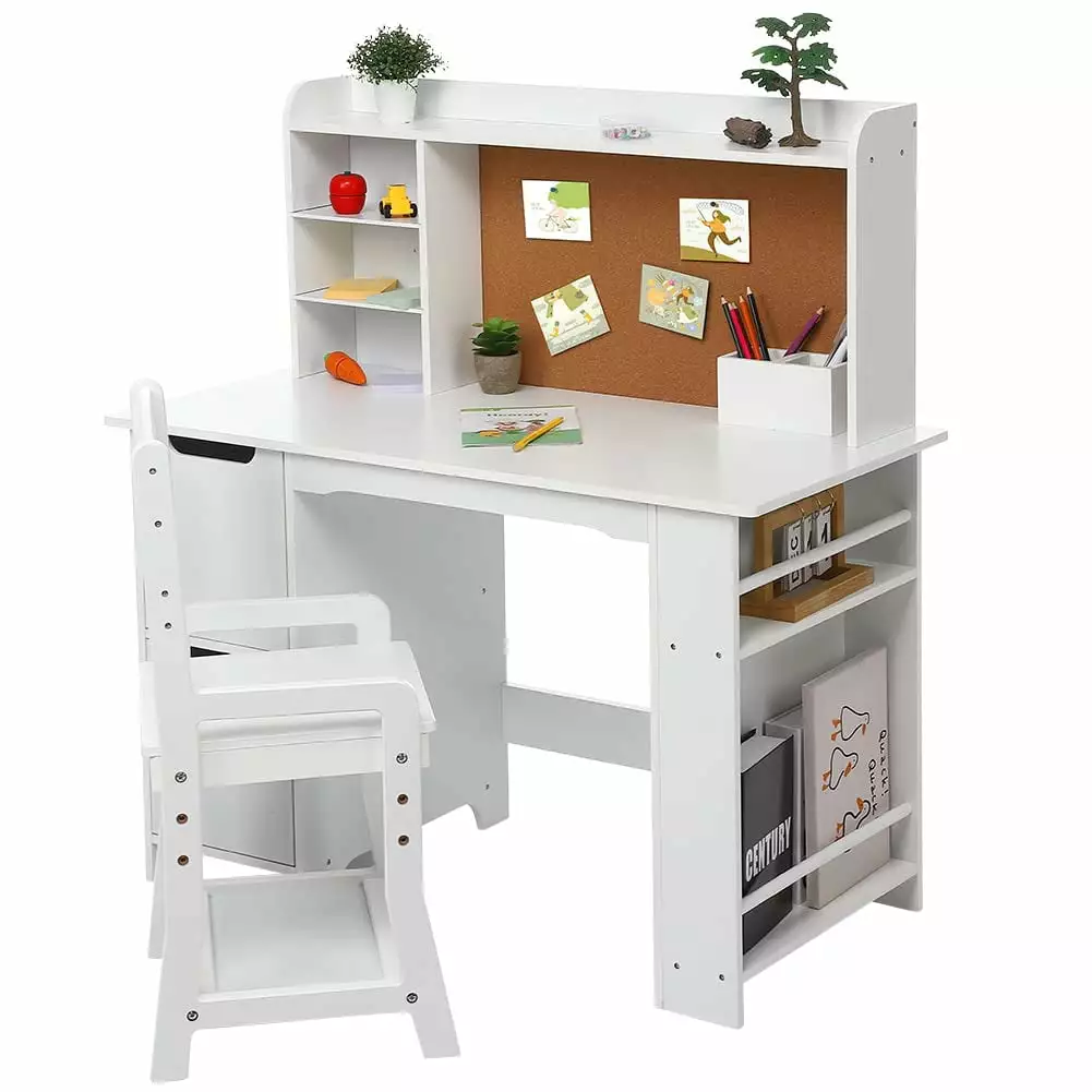 Wooden Study Desk and Chair Kids White Learning Table Bookshelf Bulletin Board and Cabinets Boys and Girls Ages 3-8 YANSHE