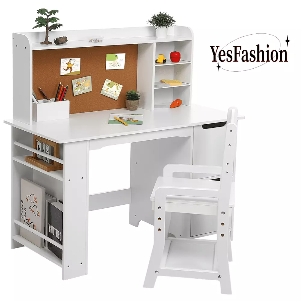 Yesfashion Wooden Study Desk and Chair Kids Bookshelf and Bulletin Board White