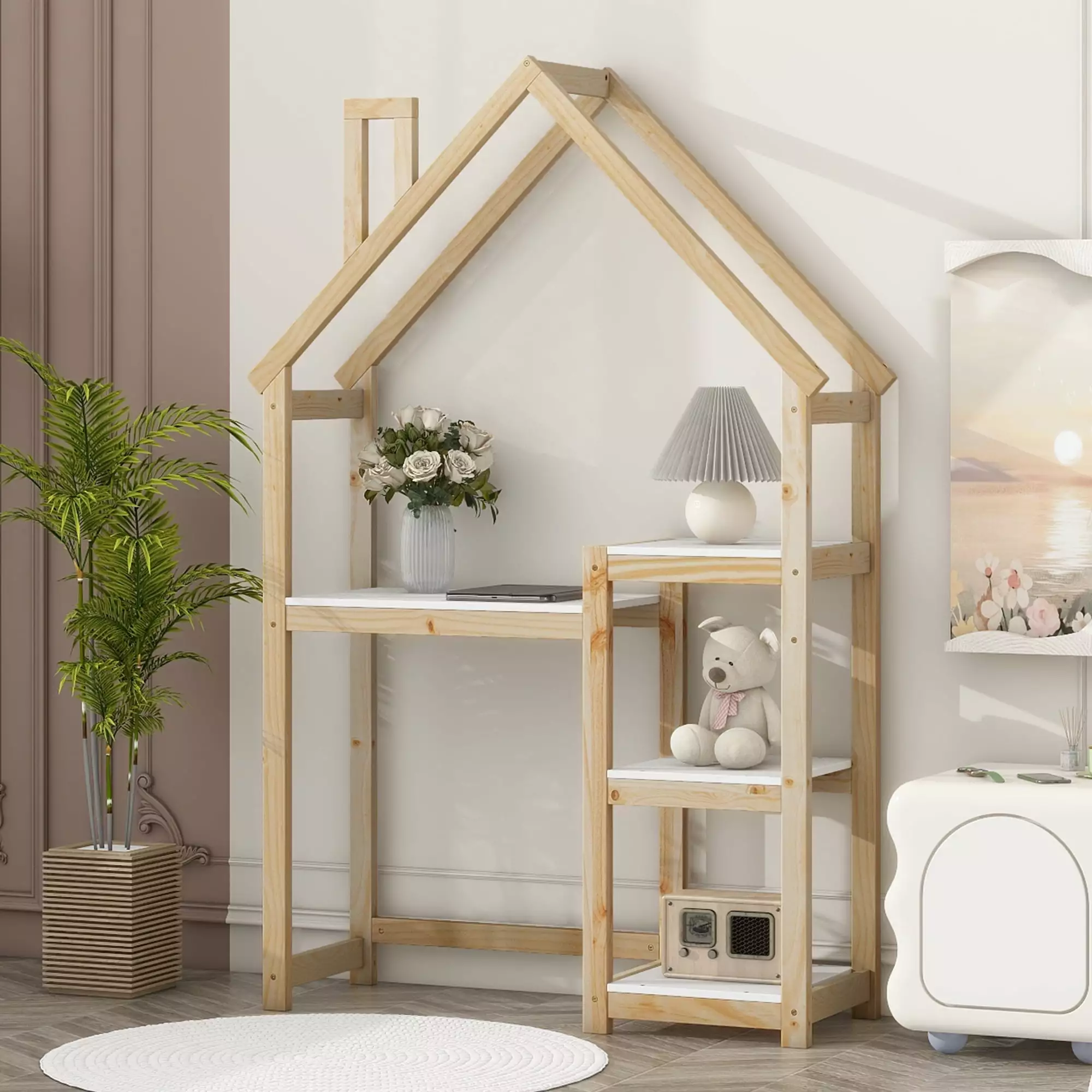 Aukfa Kids Writing Study Desk Bookshelf Houtilize-shaped Natural Wood Children's Desk