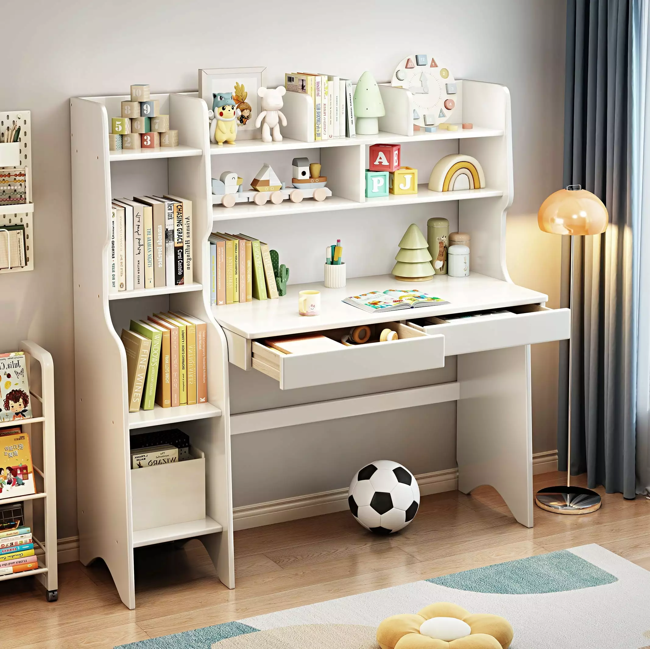 BALANBO 2-Piece Kids Desk Hutch Large Wood Study Desk and Built- Bookshelf White