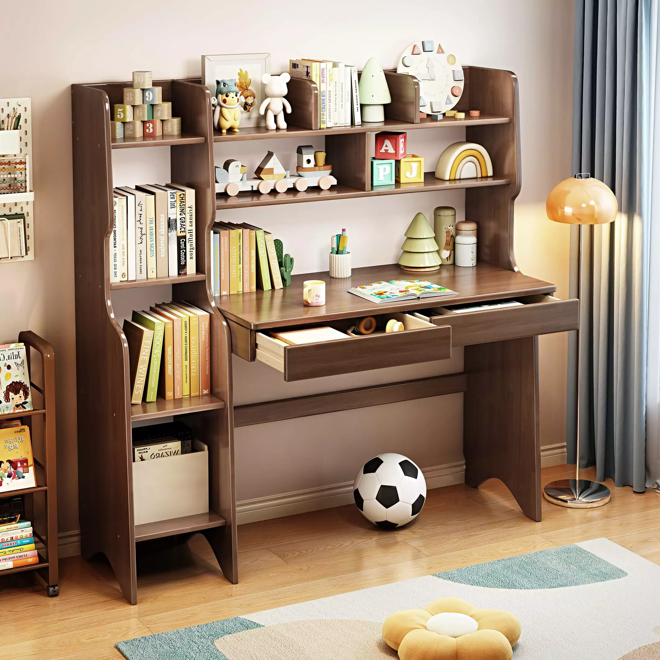 BALANBO 2-Piece Kids Desk Hutch Large Wood Study Desk and Built- Bookshelf Walnut