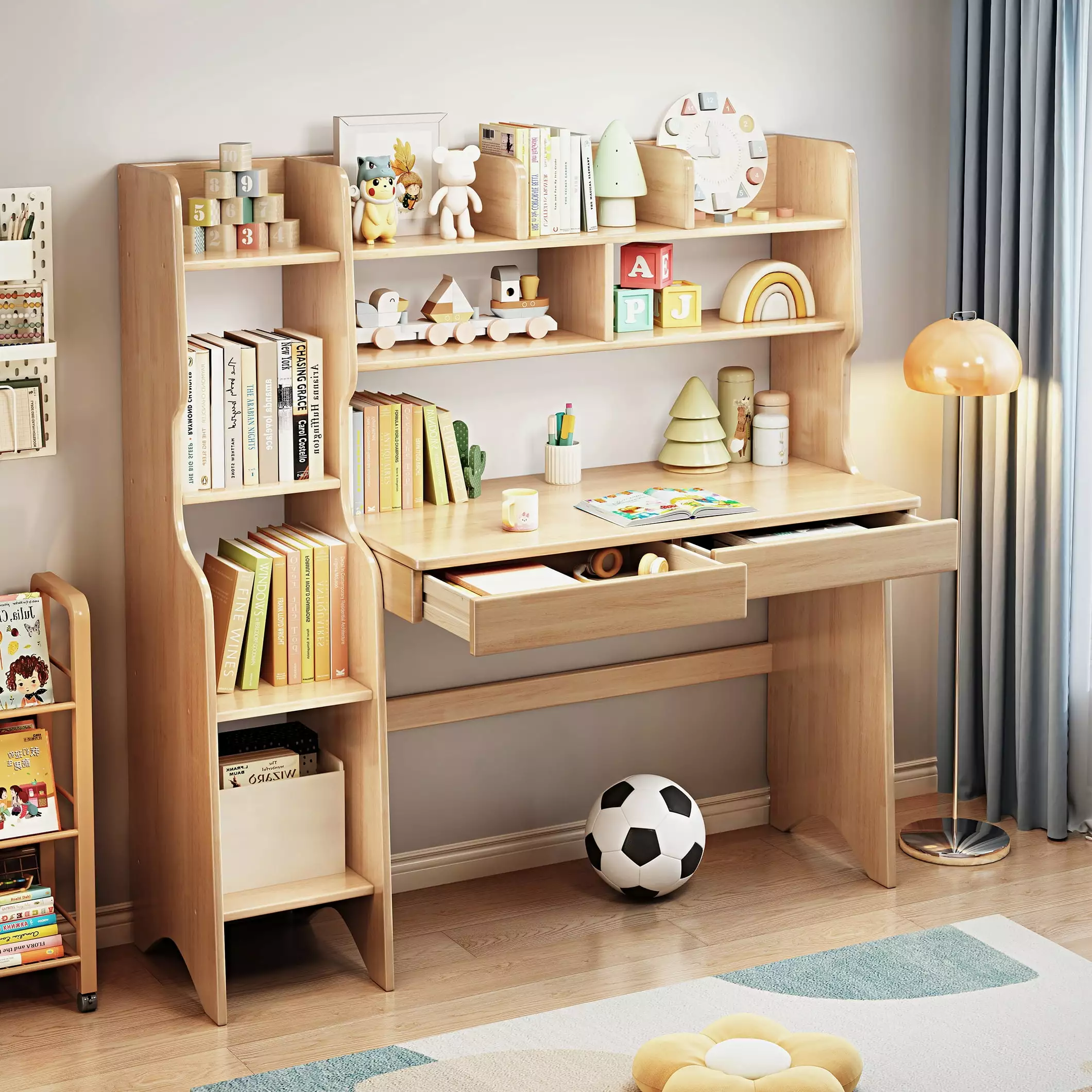 BALANBO 2-Piece Kids Desk Hutch Large Wood Study Desk and Built- Bookshelf Natural Finish