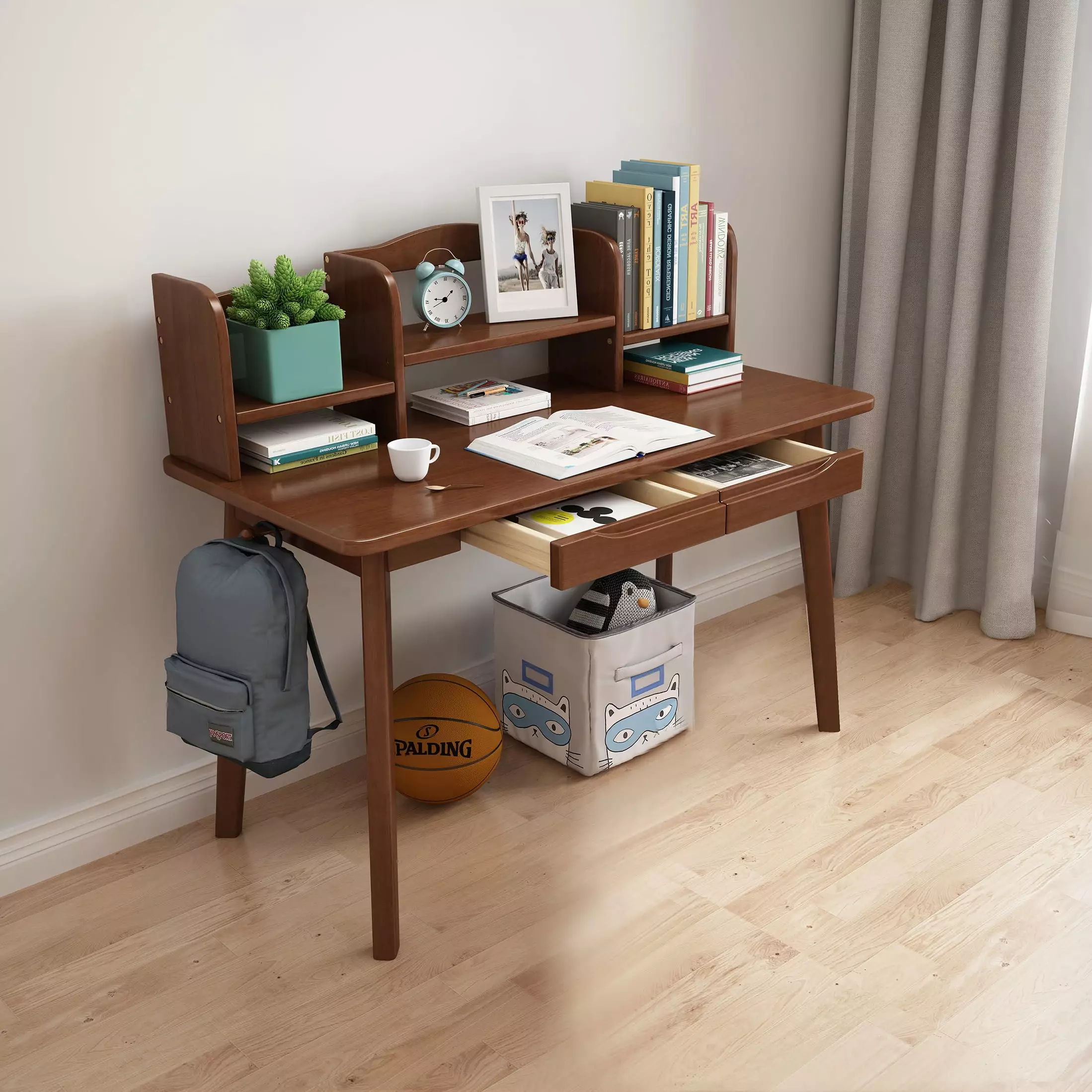 BALANBO Kids Desk Drawers and Bookshelf Walnut Wooden Student Learning Computer Workstation