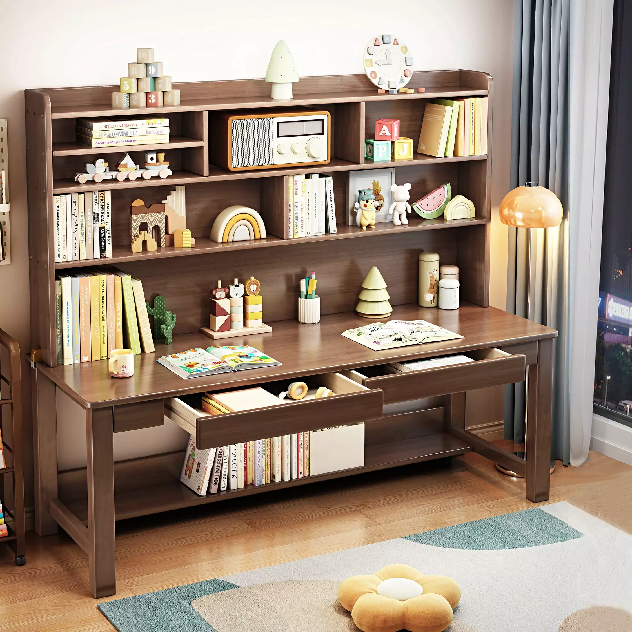 BALANBO Solid Wood Kids Desk Hutch Shelves and Drawers Two Person Study