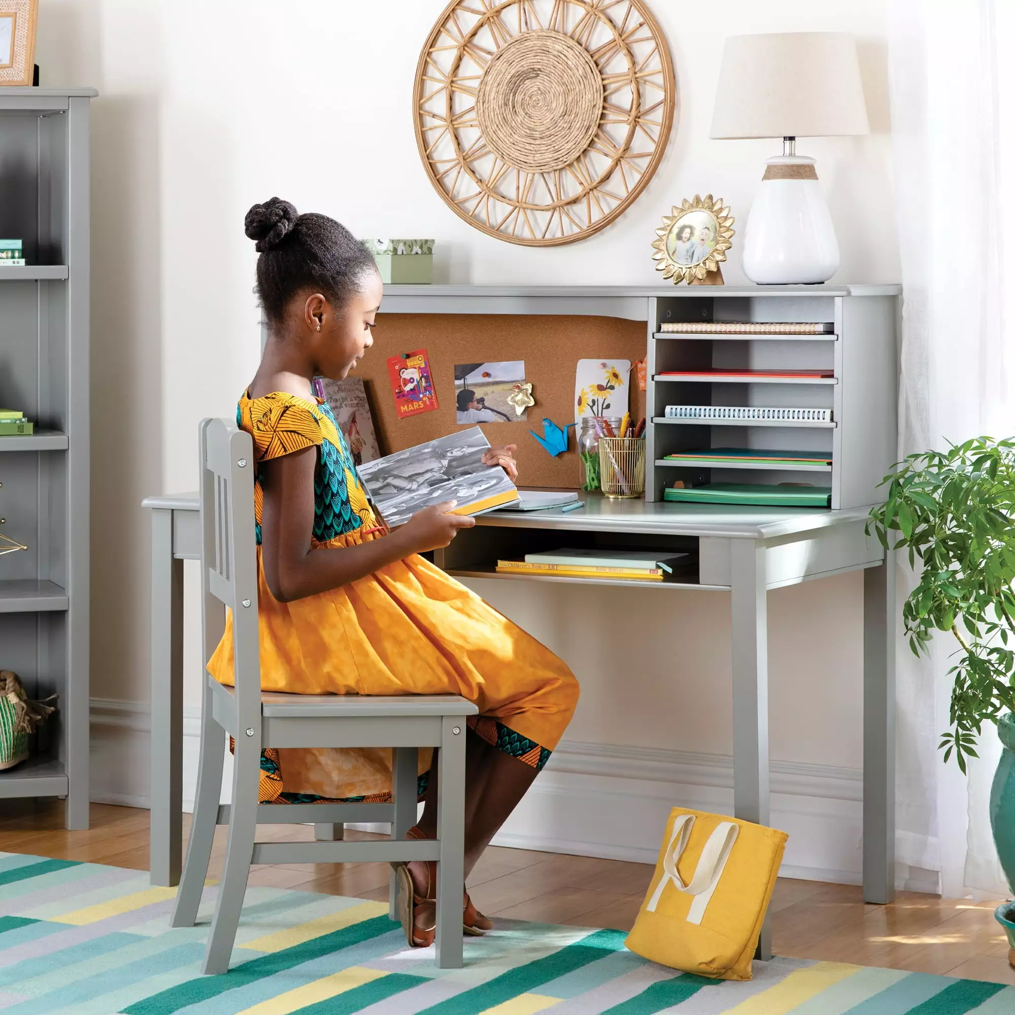 Guidecraft Kids Media Desk and Chair Set Gray Corkboard Hutch Adjustable Storage