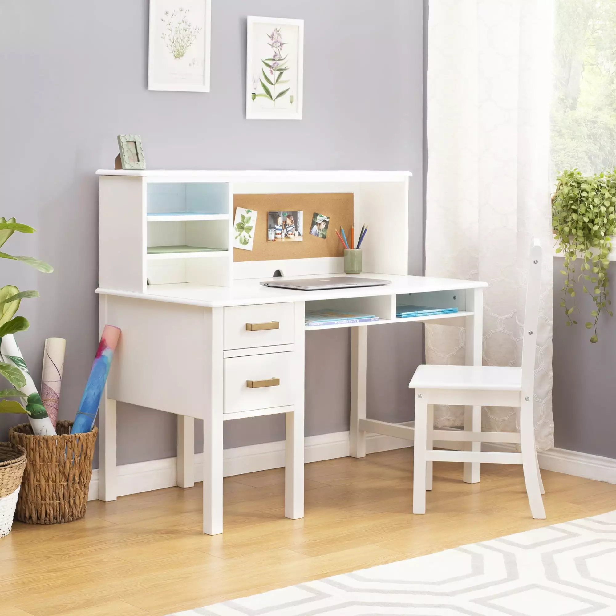 Guidecraft Kids Taiga Desk and Hutch White Childrens Wooden Study Table Storage Drawers