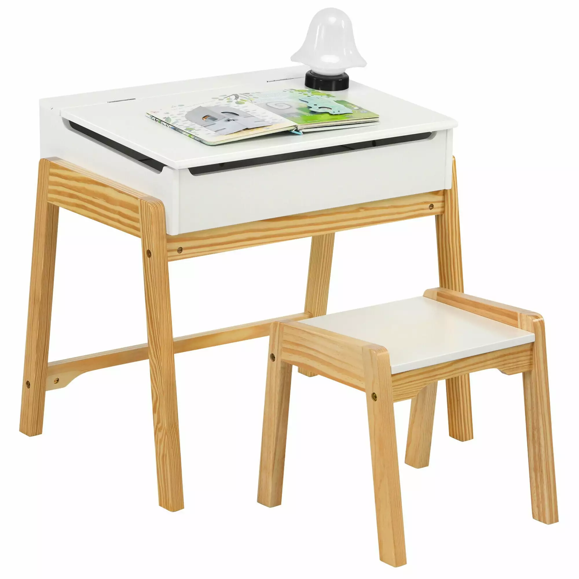 Gymax Kids Table & Chair Set Wooden Activity Art Study Desk Storage Space White