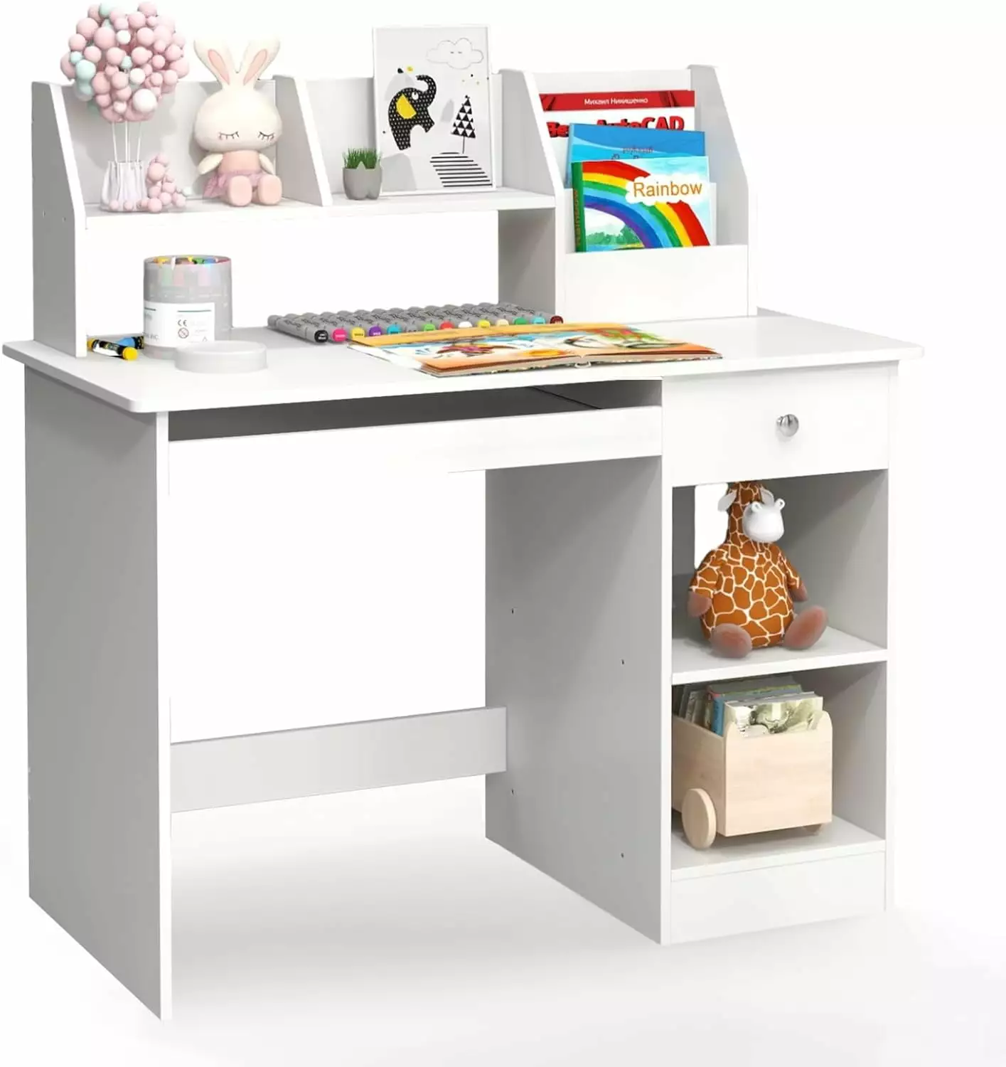 TJUNBOLIFE Study Desk Children Wooden Computer Desk Hutch Bookshelf Keyboard Tray Drawer Shelves KHBIULIFE