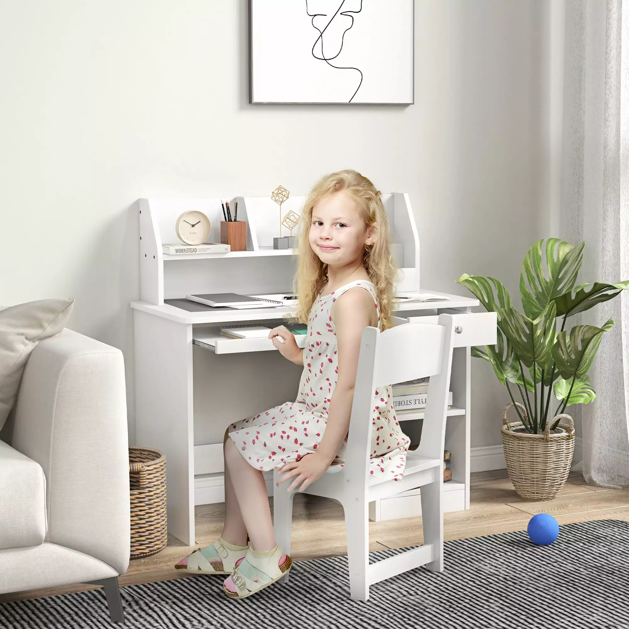 Qaba Kids Desk and Chair Set 5-8 Year Old Storage White