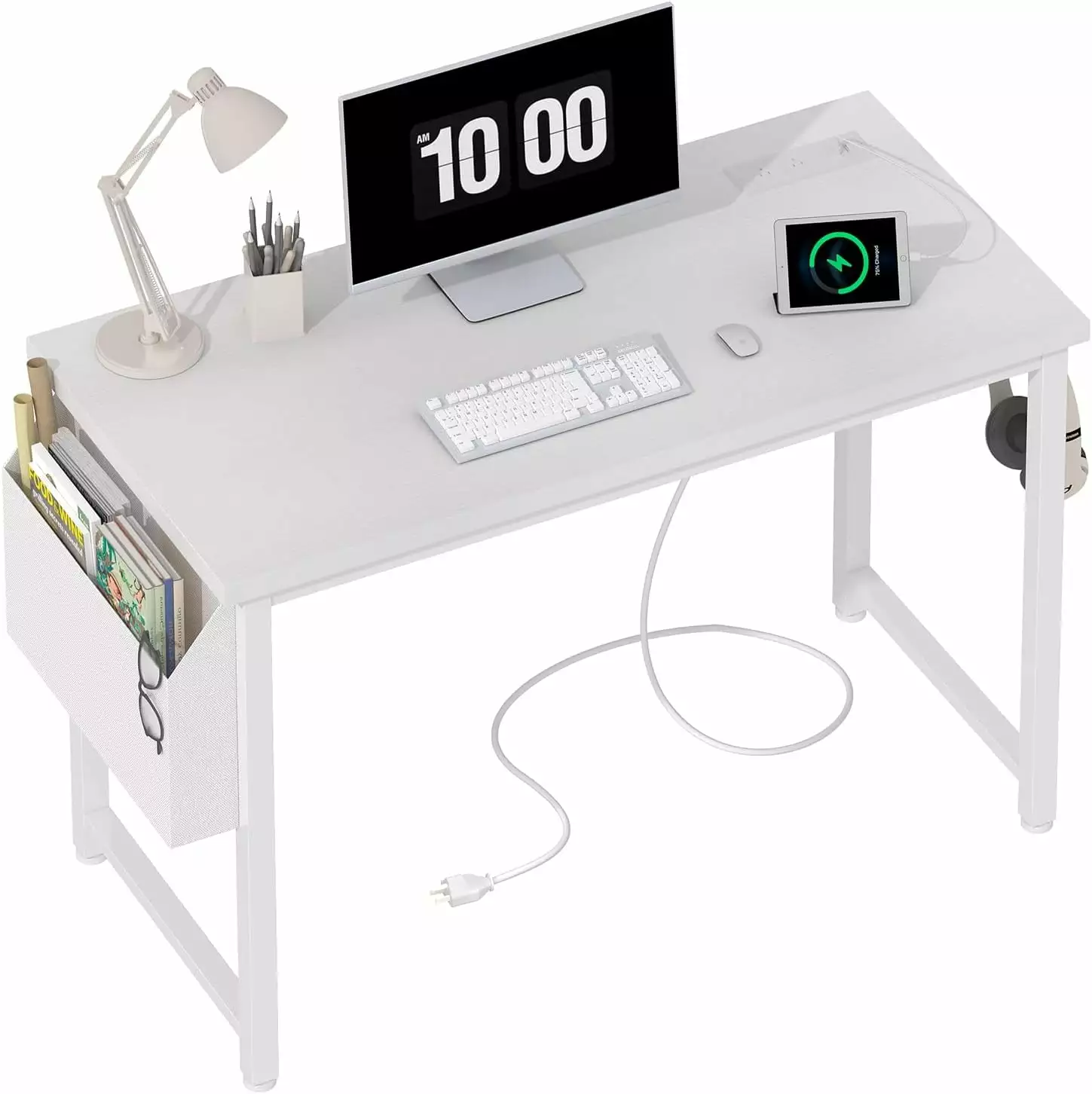 39 inch White Computer Desk Power Outlet Teen Study Table Home Office Work Writing Desk QRZJ