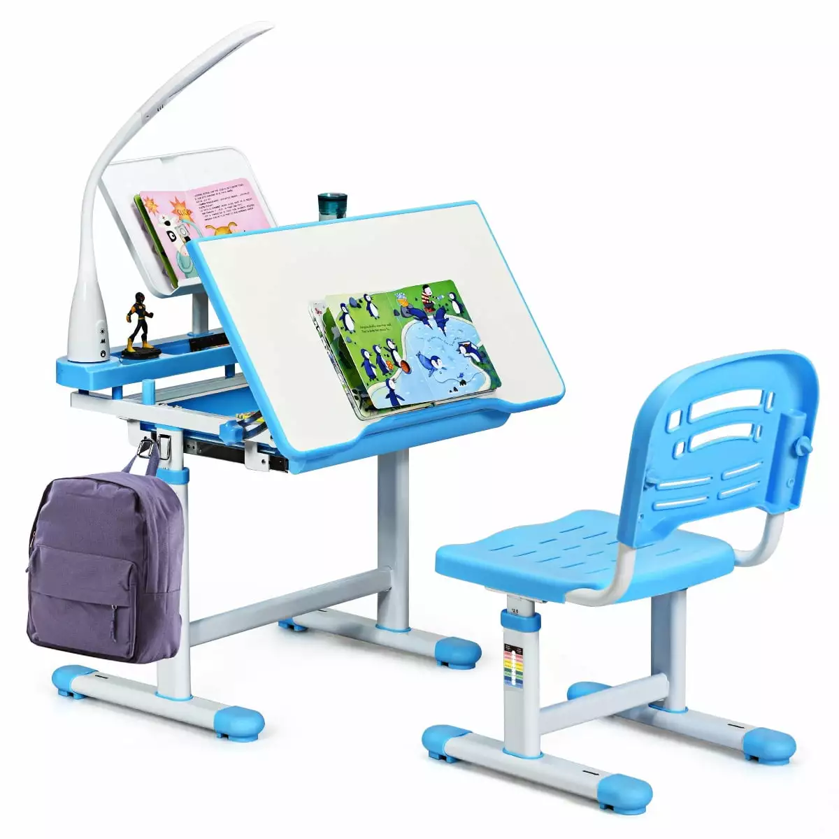Topbuy Kids Multifunctional Study Drawing Height Adjustable Desk Chair Set Lamp & Bookstand. Blue