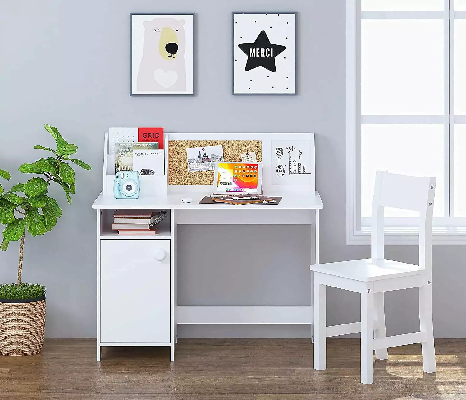 UTEX Kids Study Desk Chair Wooden Writing Table Ages 3-8 White