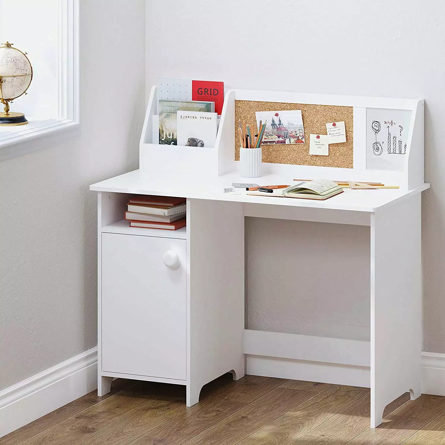 UTEX Kids Study Desk Storage Wooden Table Hutch Cabinet White