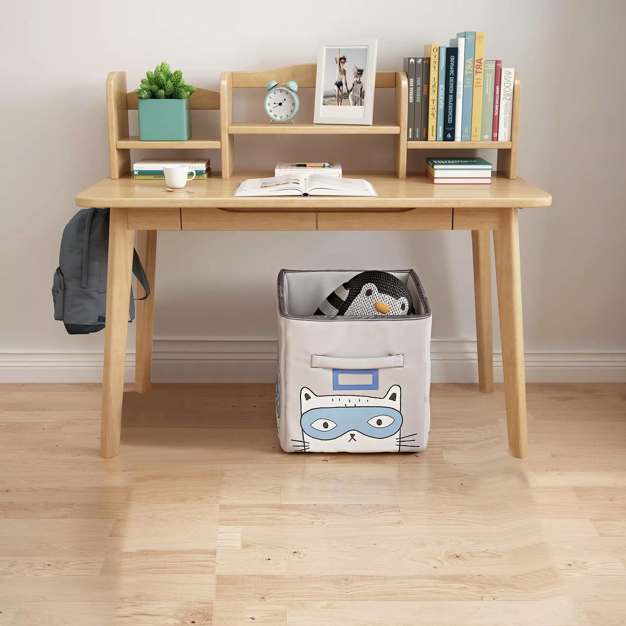 WILK Kids Desk Solid Wood Children Study Desk Bookshelf Hutch and Storage Drawers Natural