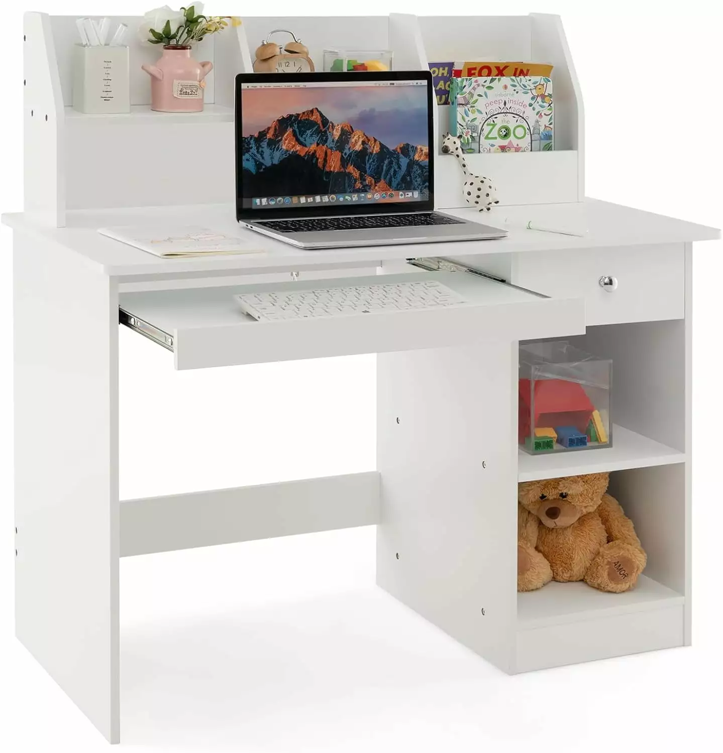 YZboomLife Study Desk Wooden Writing Table Keyboard Tray Hutch Drawer Shelves Anti-toppling Kit White Computer Desk Studen...