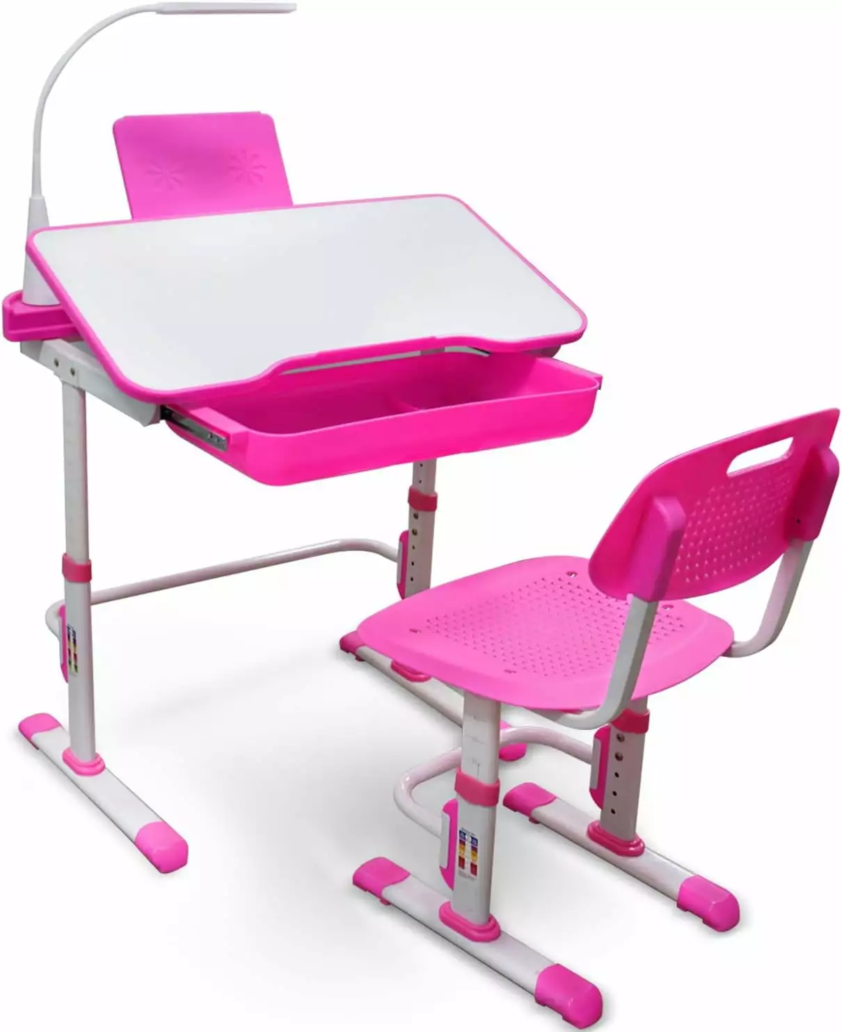 Yinleader Kids Study Desk and Chair Set Height Adjustable Children School Study Drawing Desk LED Lamp Pink