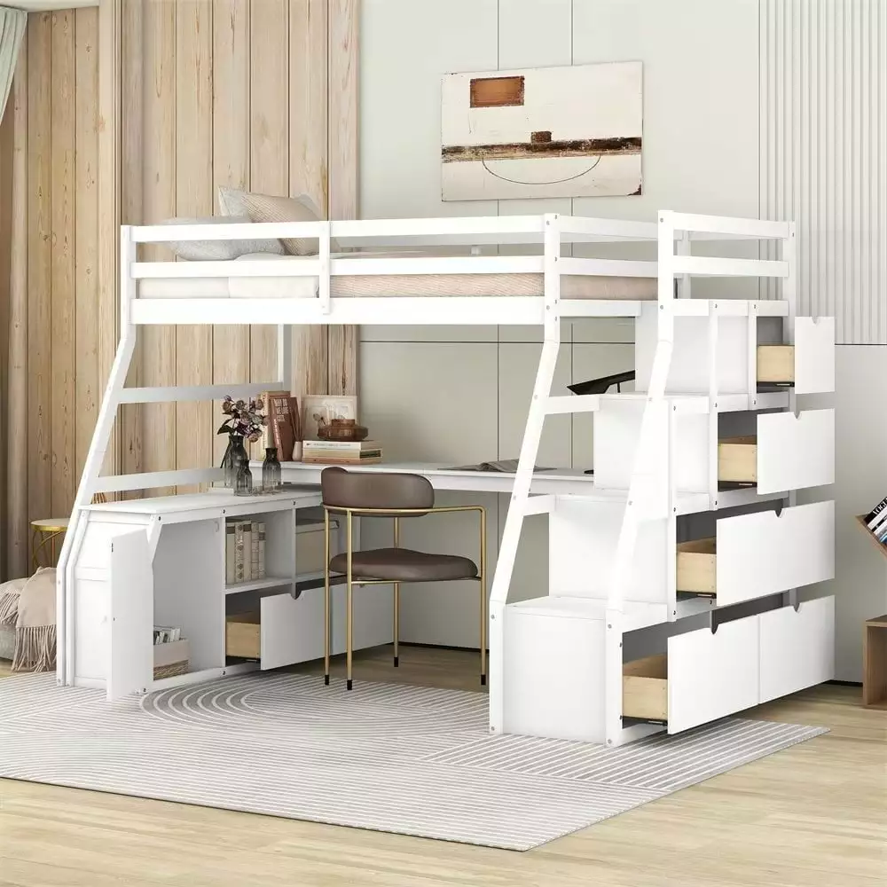 Twin Size Loft Bed Desk Wooden Loft Bed Frame 7 Drawers 2 Shelves and Stairs White ARCTICSCORPION