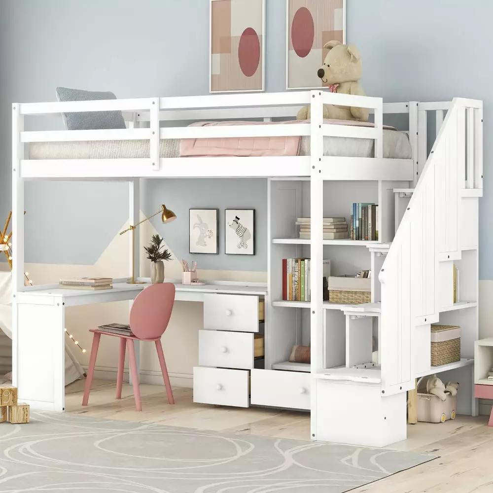 Twin Size Loft Bed L-Shaped Desk Wooden Frame Convertible Storage Staircase 4 Drawers Cabinet 3-Tier Shelves White ARCTICS...