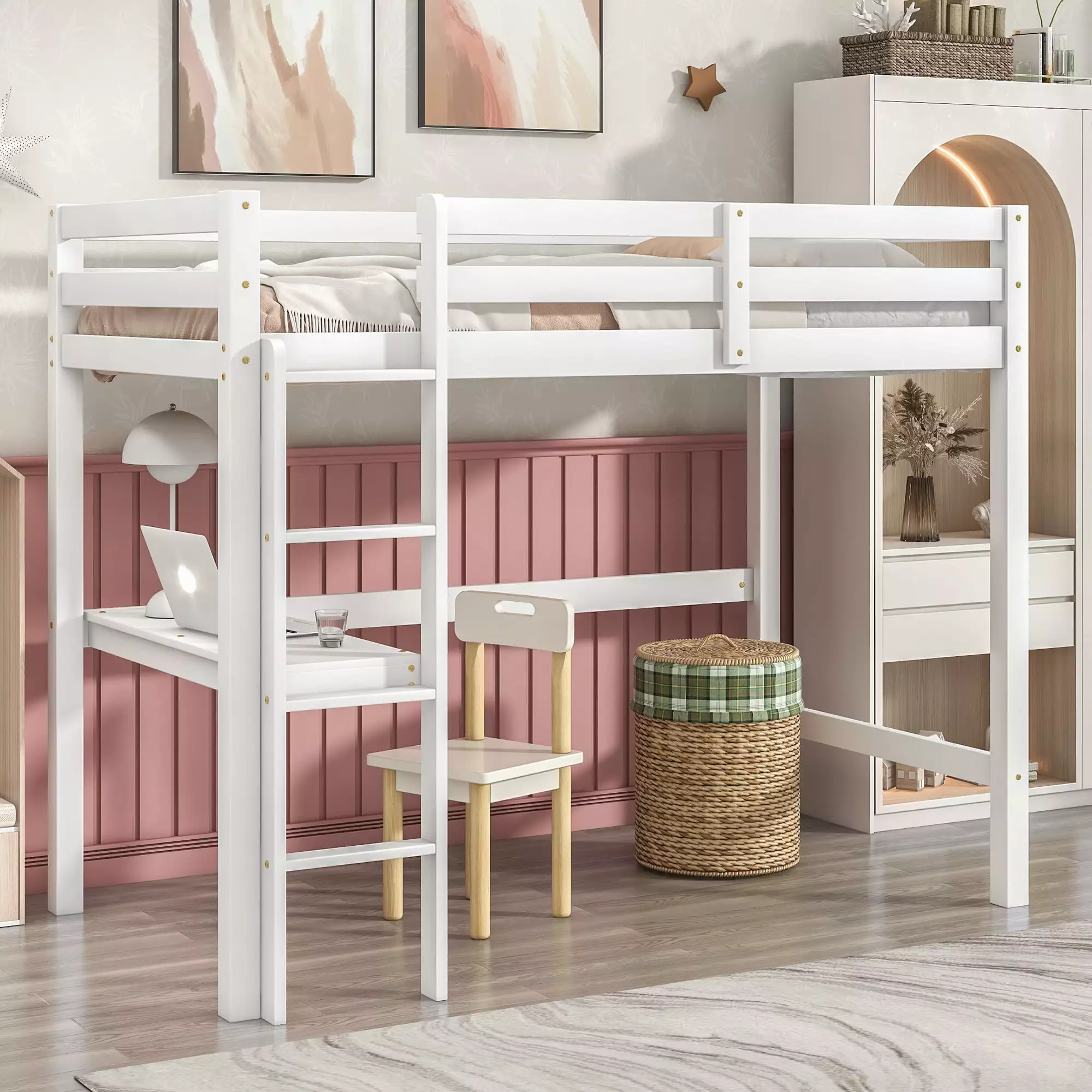 Aukfa Twin Loft Bed Built- Desk Kids Teens Heavy Duty Wooden White