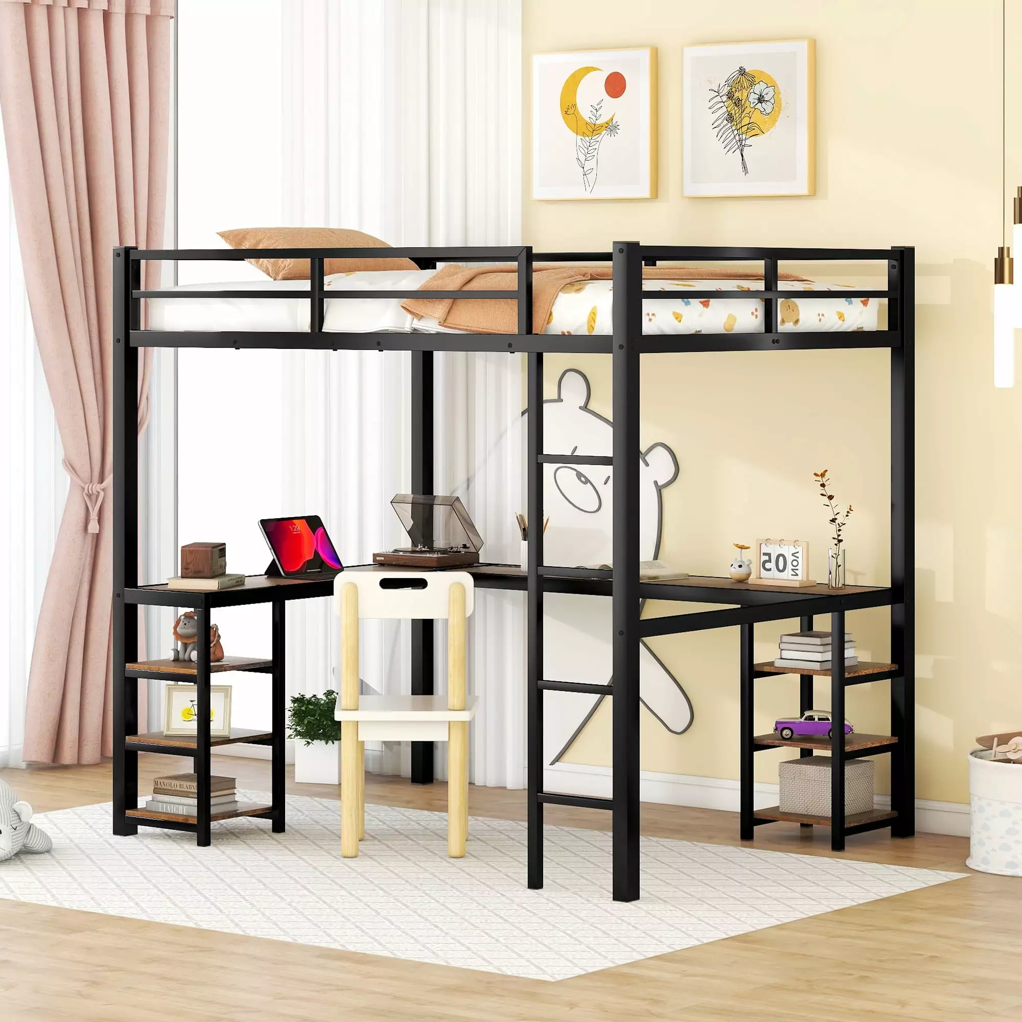 Bellemave Full Size Metal Loft Bed Frame L Shaped Desk and Storage Shelves Loft Bed Ladder Bedroom Apartment Dorm Space Sa...