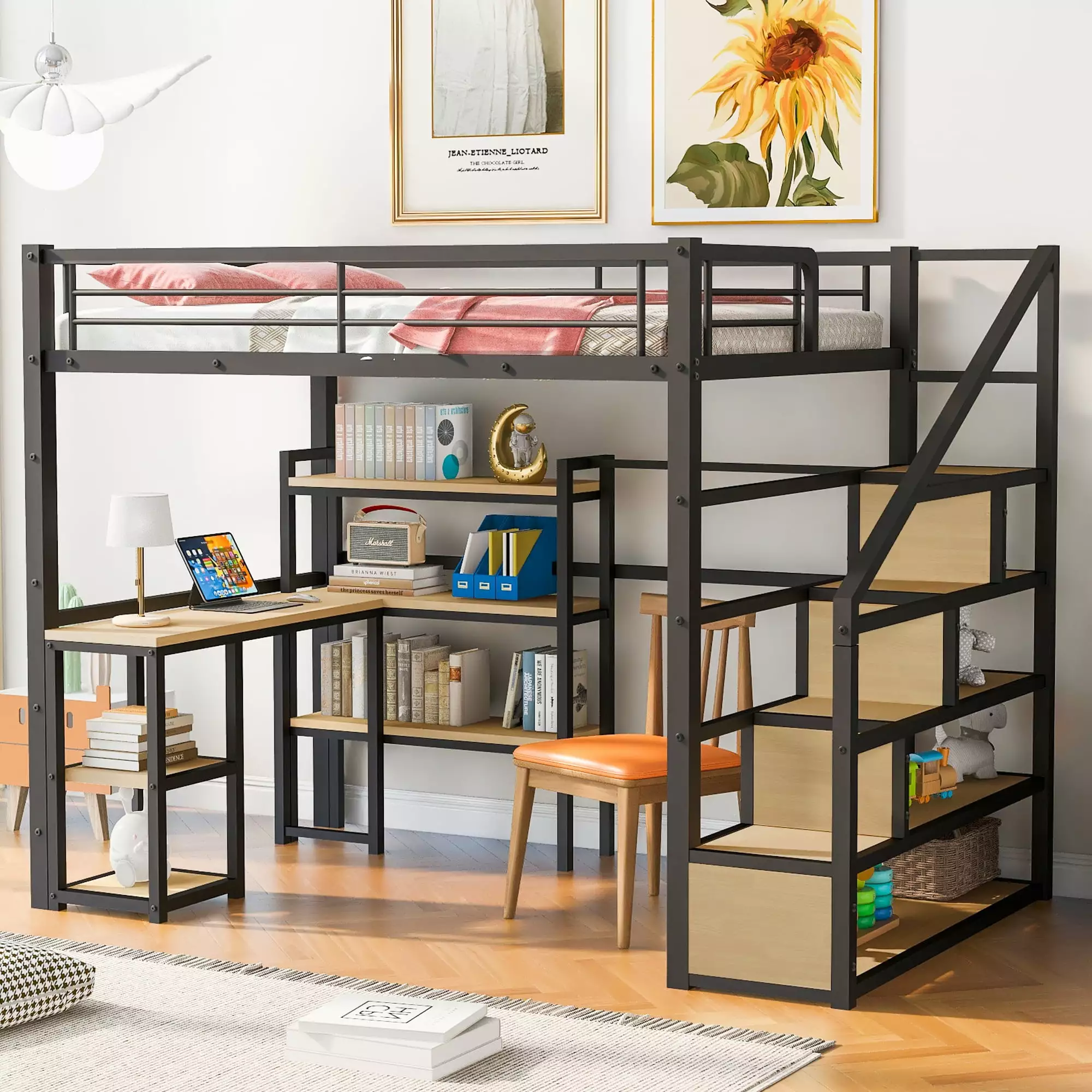Bellemave Full Size Metal Loft Bed Stairs and Desk Heavy-Duty Steel Loft Bed Frame Built- Storage Shelves Loft Bed Full Ki...