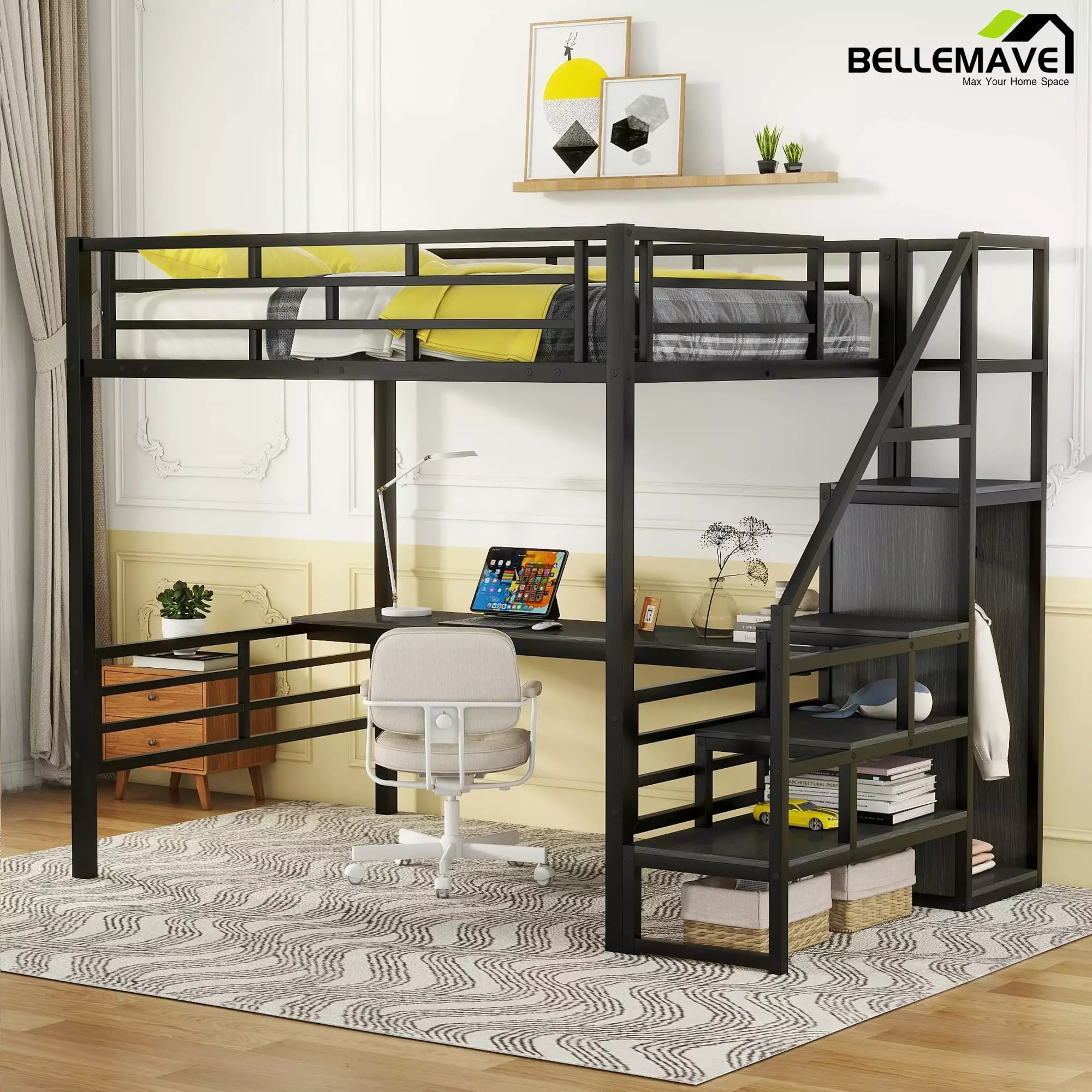 Bellemave Full Size Metal Loft Bed Storage Staircase, Small Wardrobe and Built- Long Desk - Heavy Duty Loft Bed Kids, Teen...