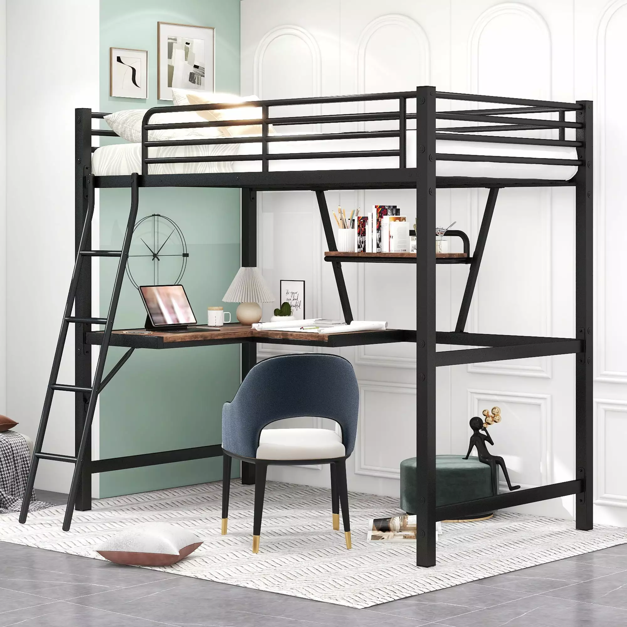 Bellemave Twin Loft Bed Desk and Storage Shelf Metal Frame Kids Teens No Box Spring Needed Black