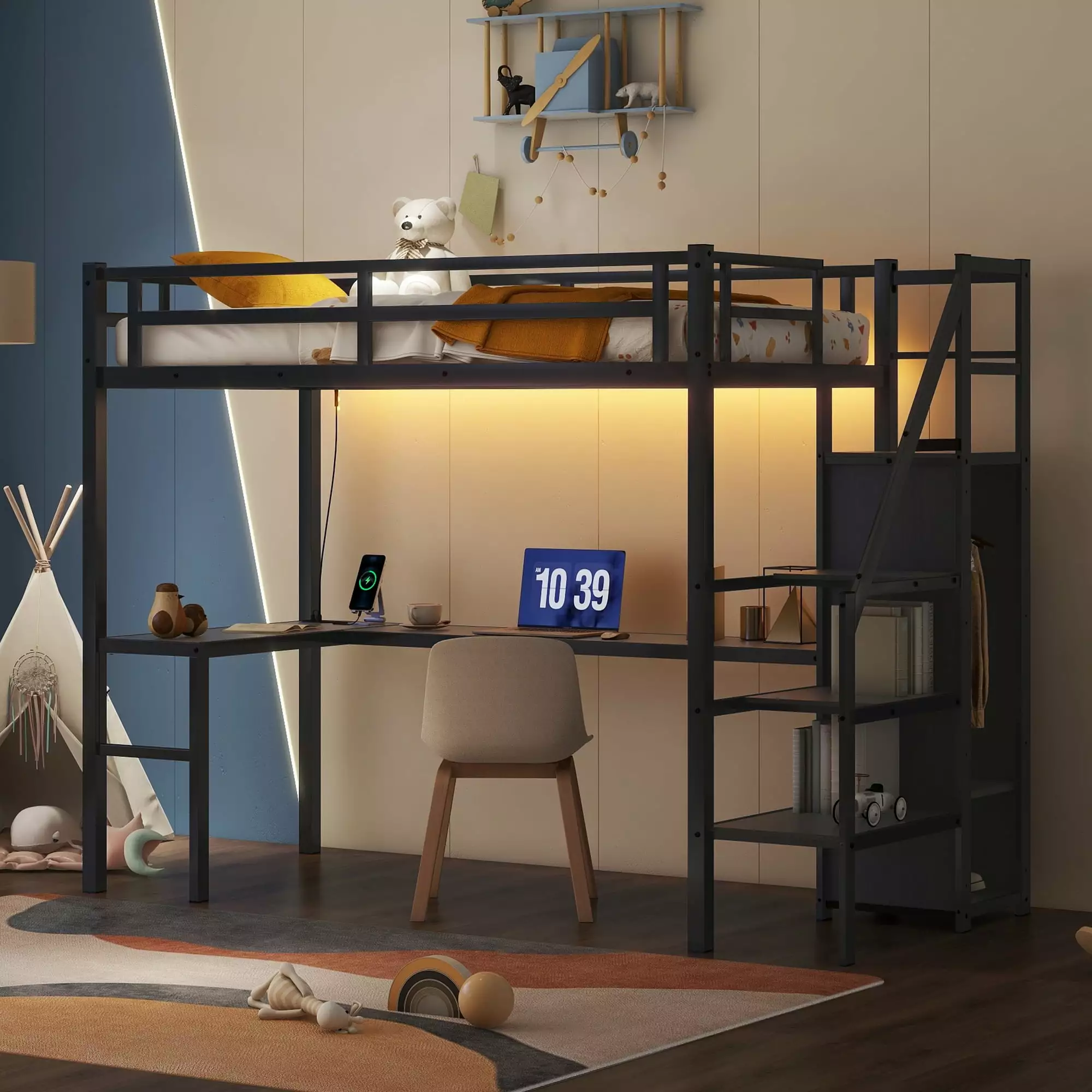 DreamBuck Twin XL Loft Bed L-Shaped Desk, Stairs, Wardrobe, USB Charging and LED Lights - Metal Bed Frame Kids, Teens, Adults