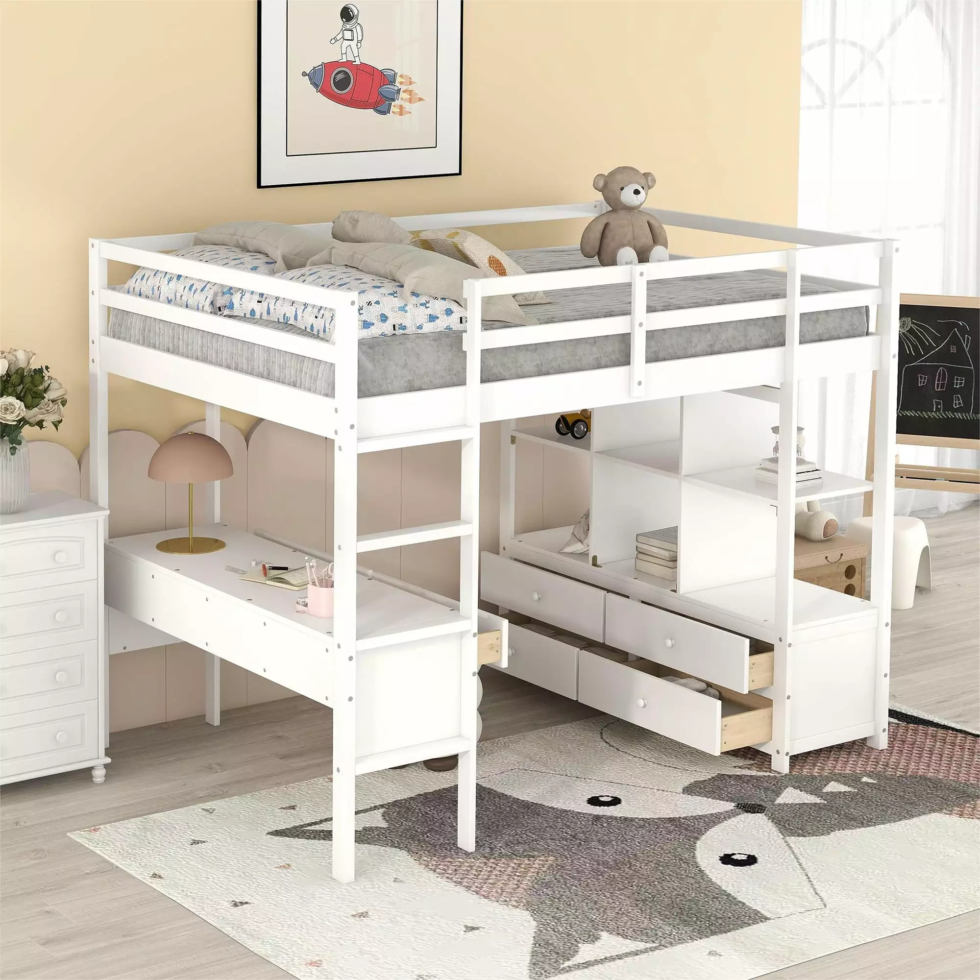 Euroco Full Size Wood Loft Bed Desk Drawers and Shelf Kids Room White