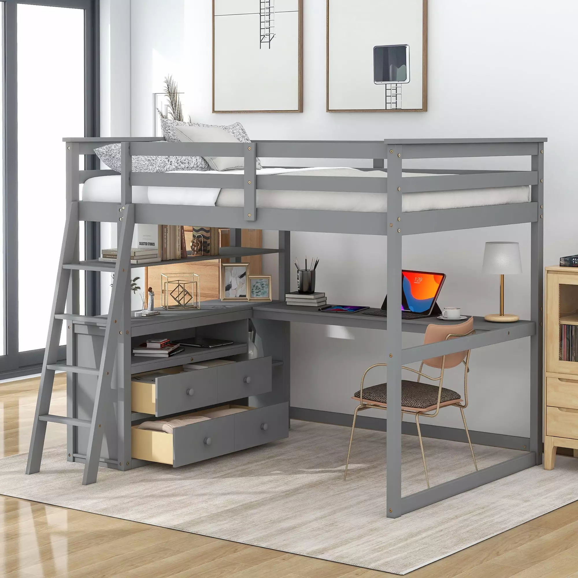 Euroco Full Size Wood Loft Bed Desk Shelves and Cabinets Kids Room Gray