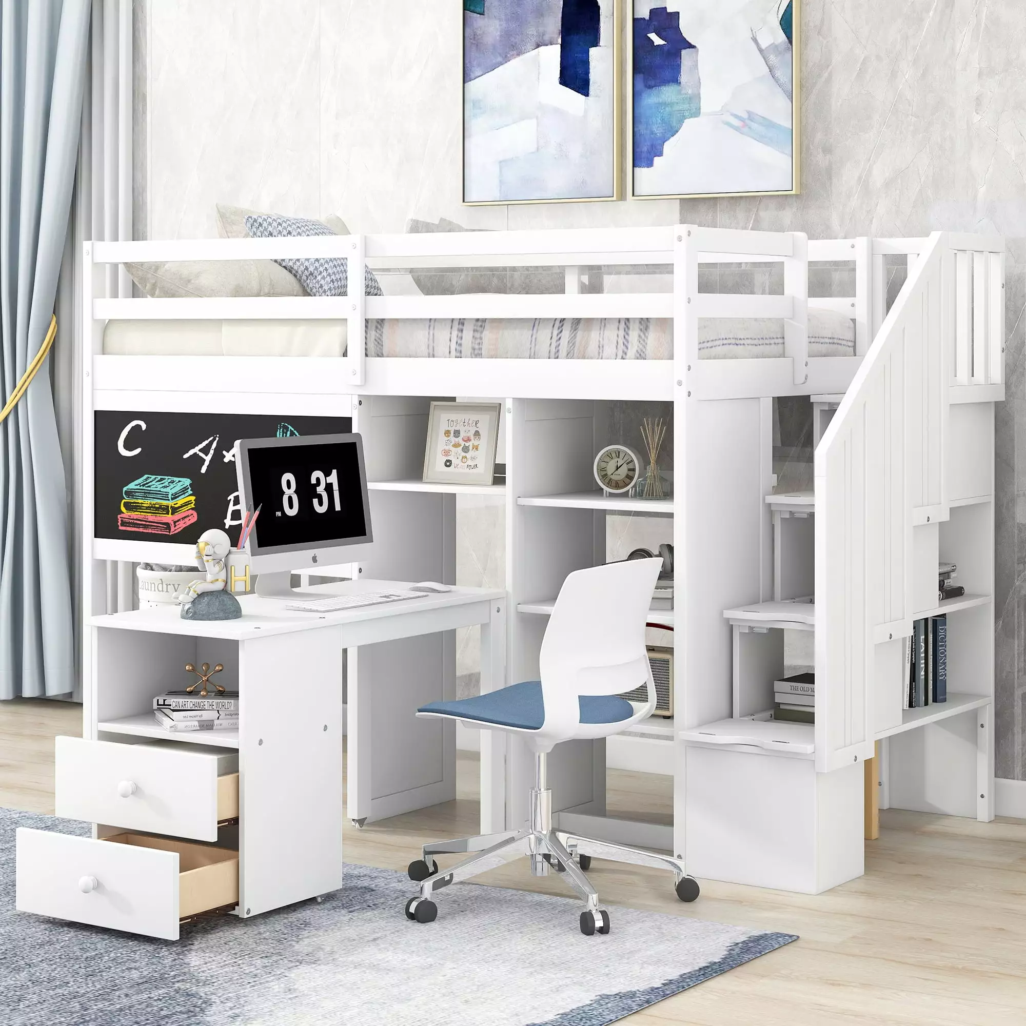 Euroco Pine Wood Twin Size Loft Bed Storage Staircase Moveable Desk Drawers and Blackboard Kids Teens Adults White