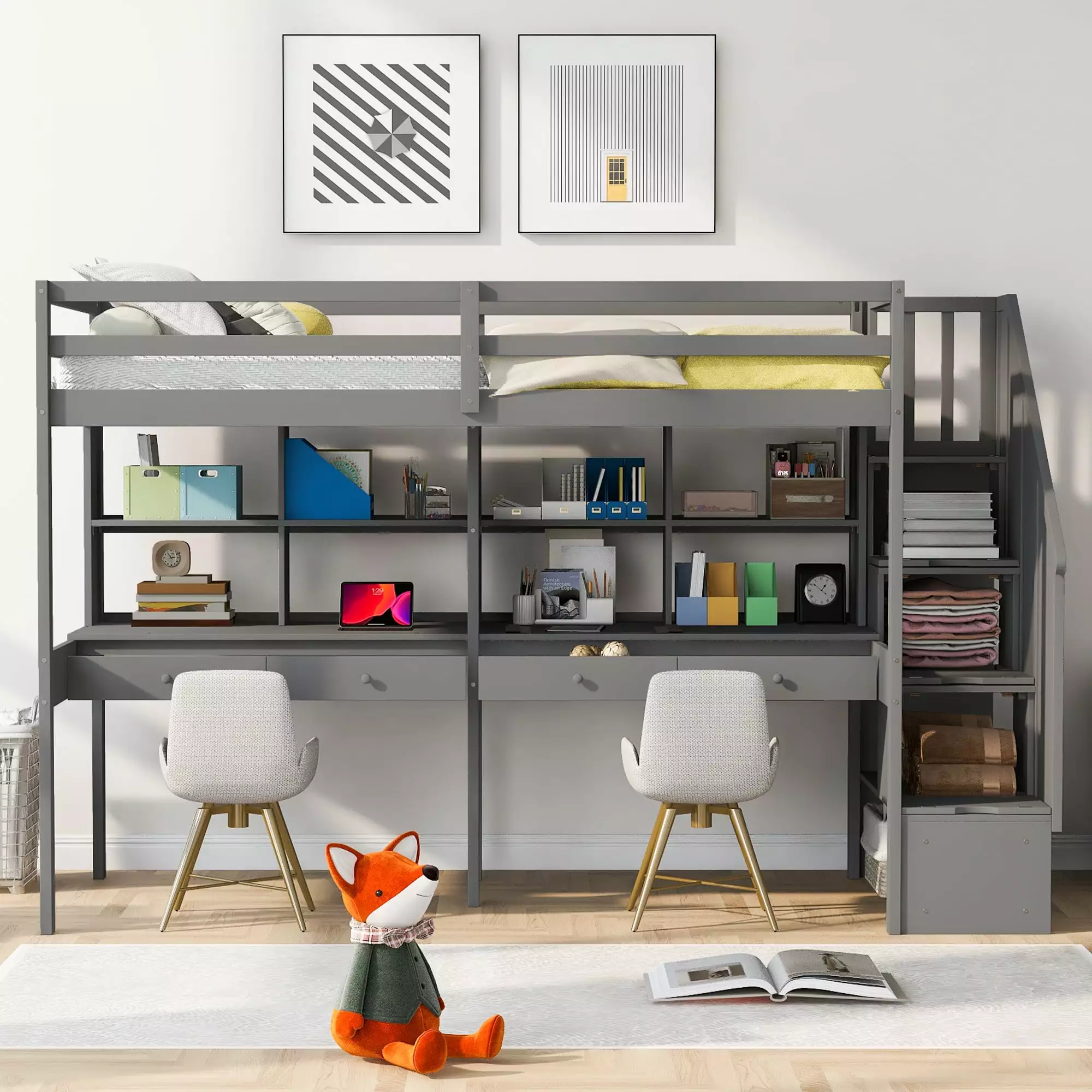 Euroco Twin Size Loft Bed 2 Desks and Shelves Storage Staircase Kids Teens Adults Gray