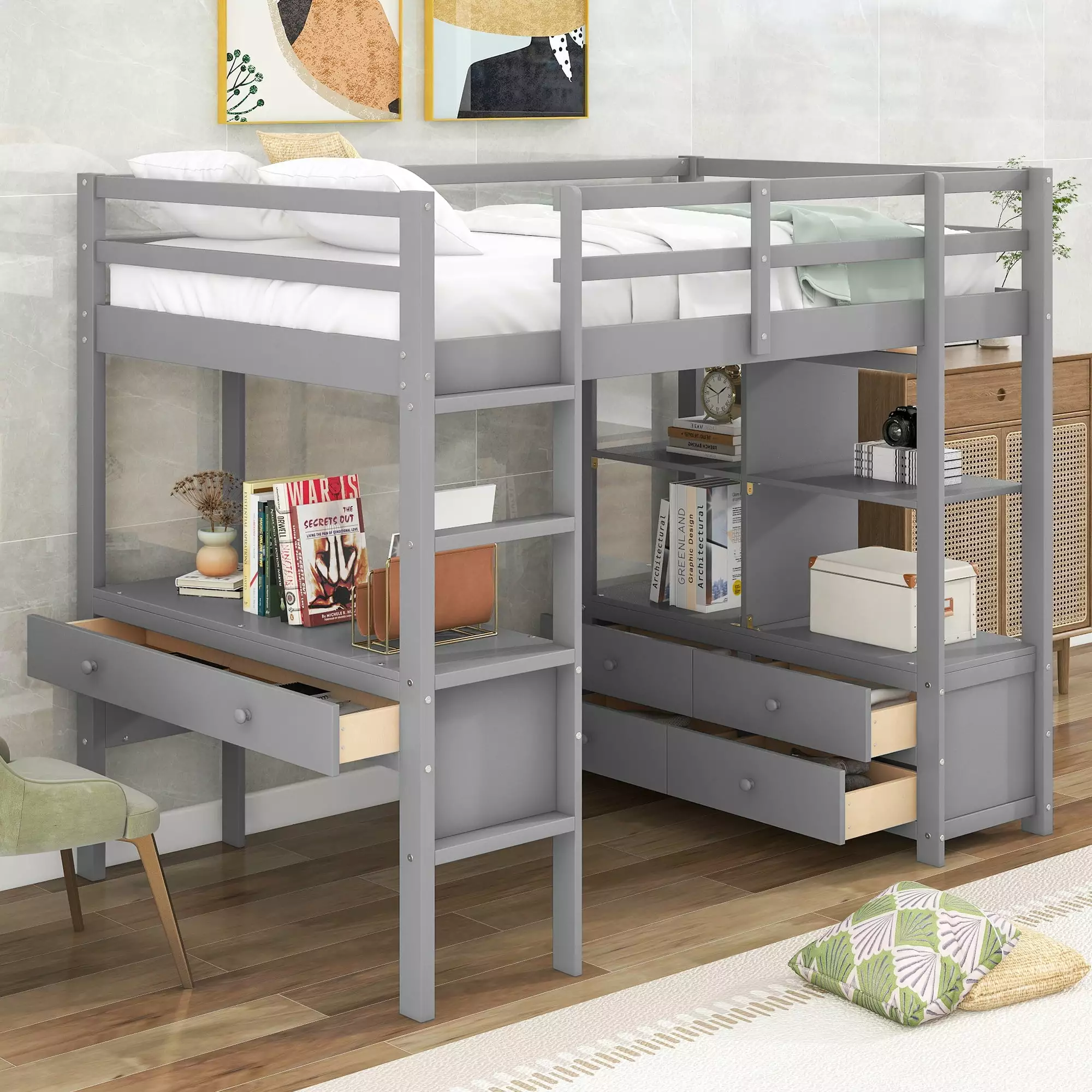 Euroco Twin Size Wood Loft Bed Desk, Drawers, and Shelf Kids Room Gray