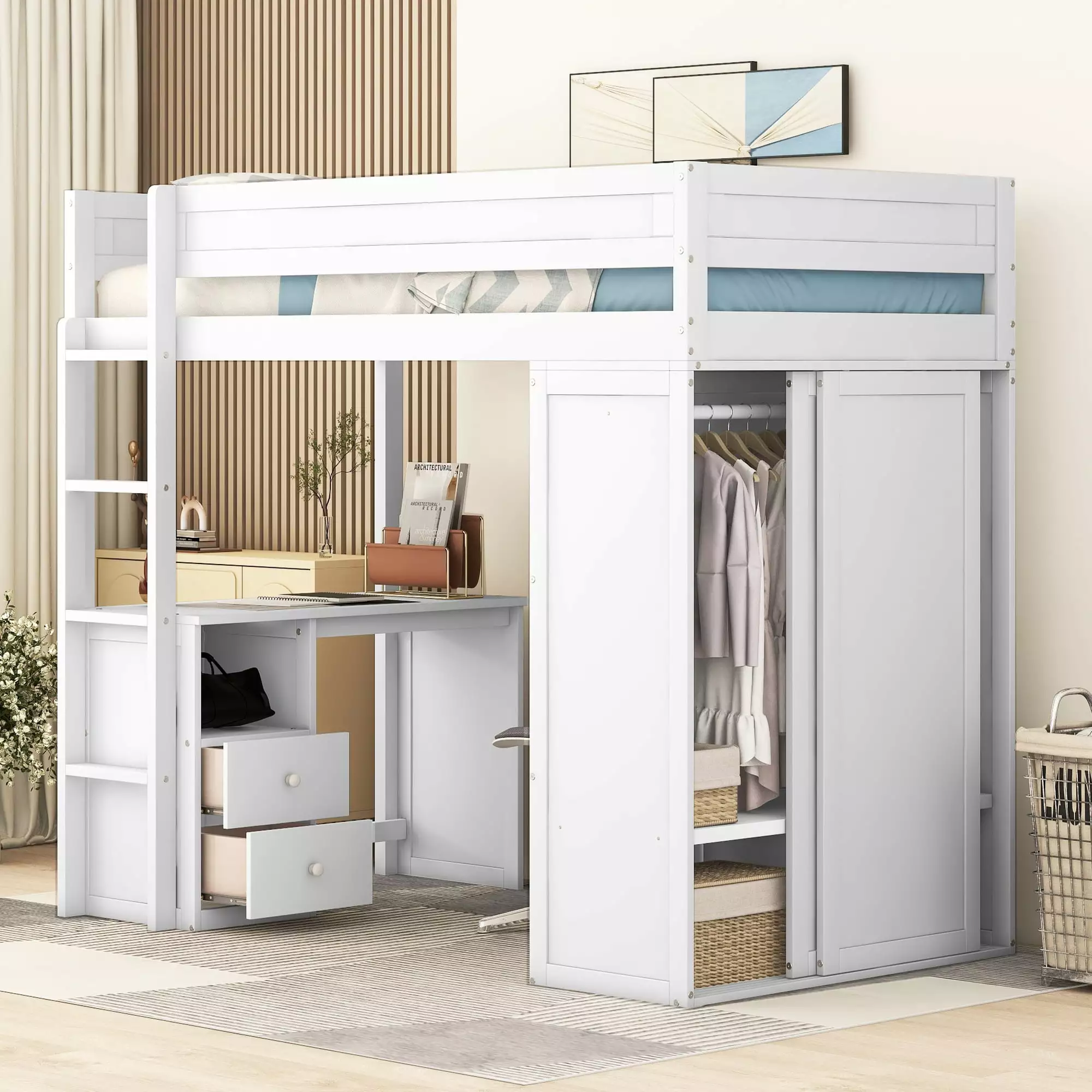 Euroco Wood Twin Size Loft Bed Desk Wardrobe and Sliding Door Kids Teens Adults White