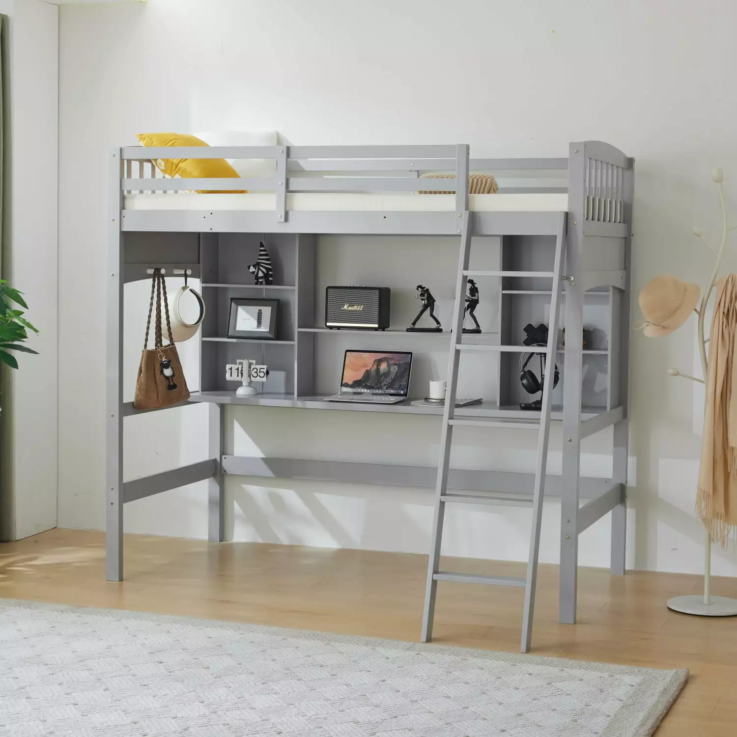 Ktaxon Twin Size Wooden Loft Bed Desk Shelves and Ladder Kids Teens Adults Gray